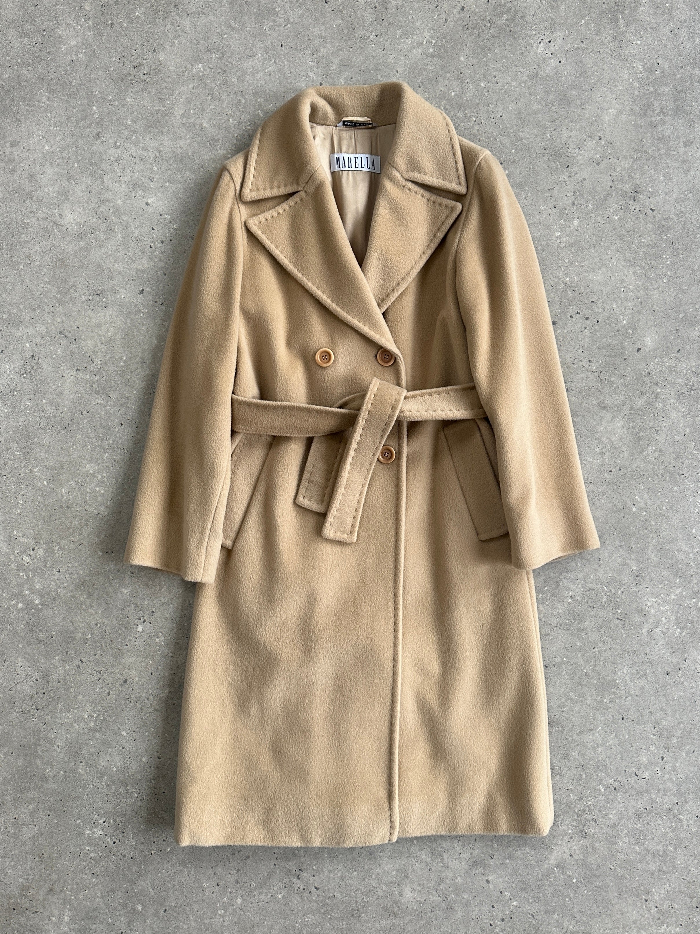Marella wool cashmere double-breasted belted coat in size M, featuring a classic design with a tailored fit and warm fabric.