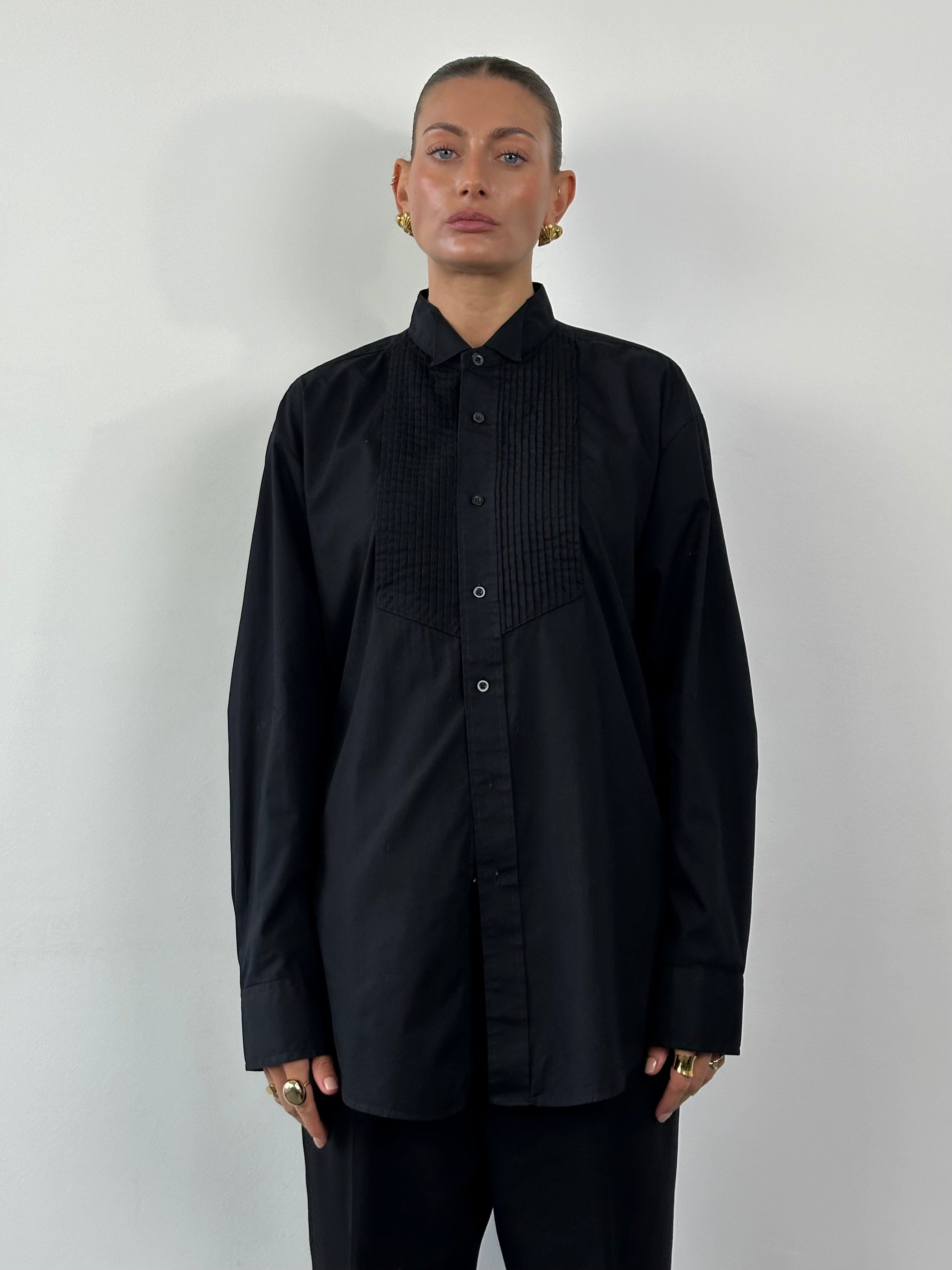 Vintage pure cotton tuxedo shirt in XL size, featuring classic collar and button-up front, displayed on a hanger.