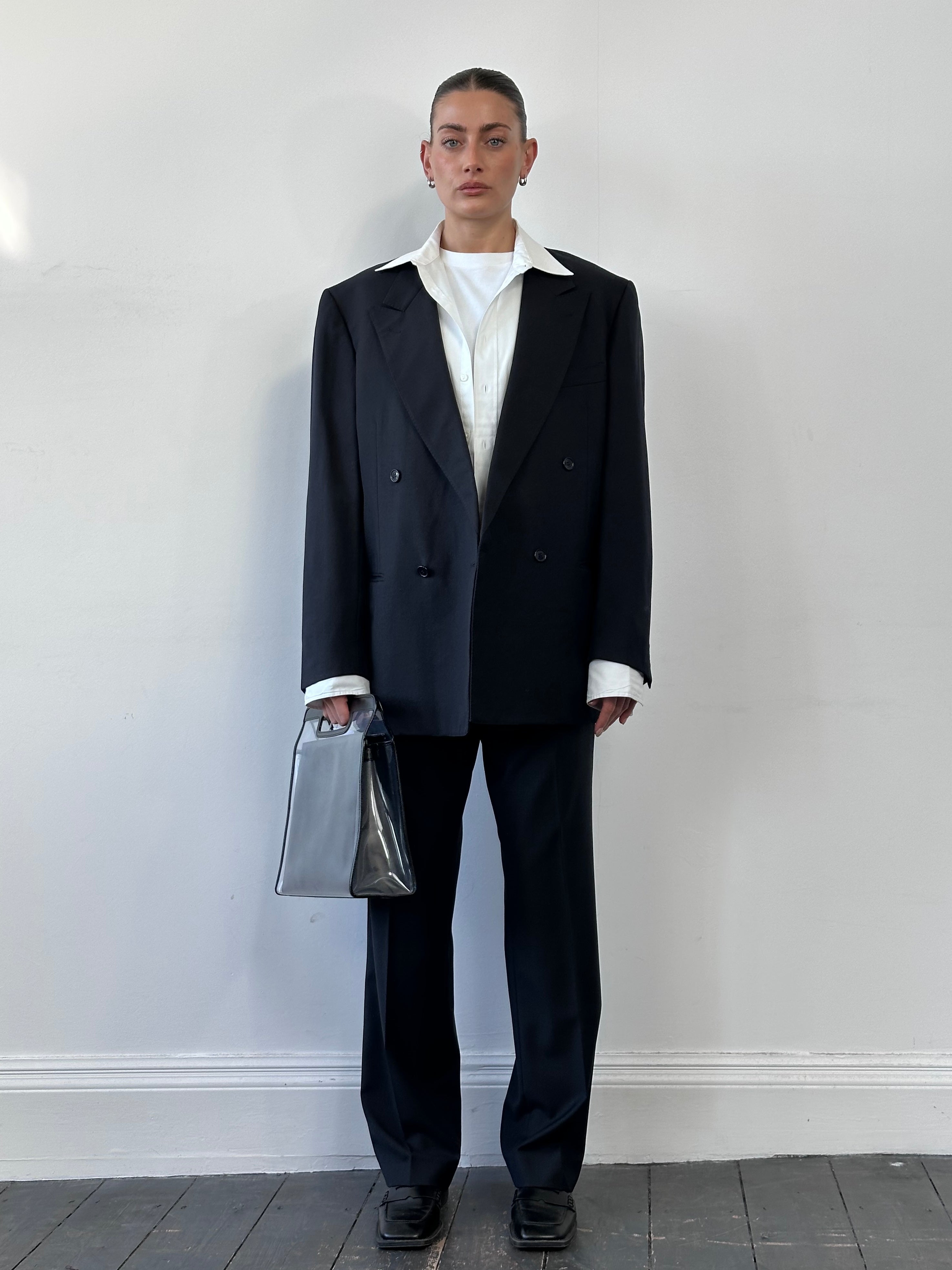 Yves Saint Laurent Diffusion Hommes 1980s pure wool double-breasted blazer, size 42R/XL, shown on a hanger.