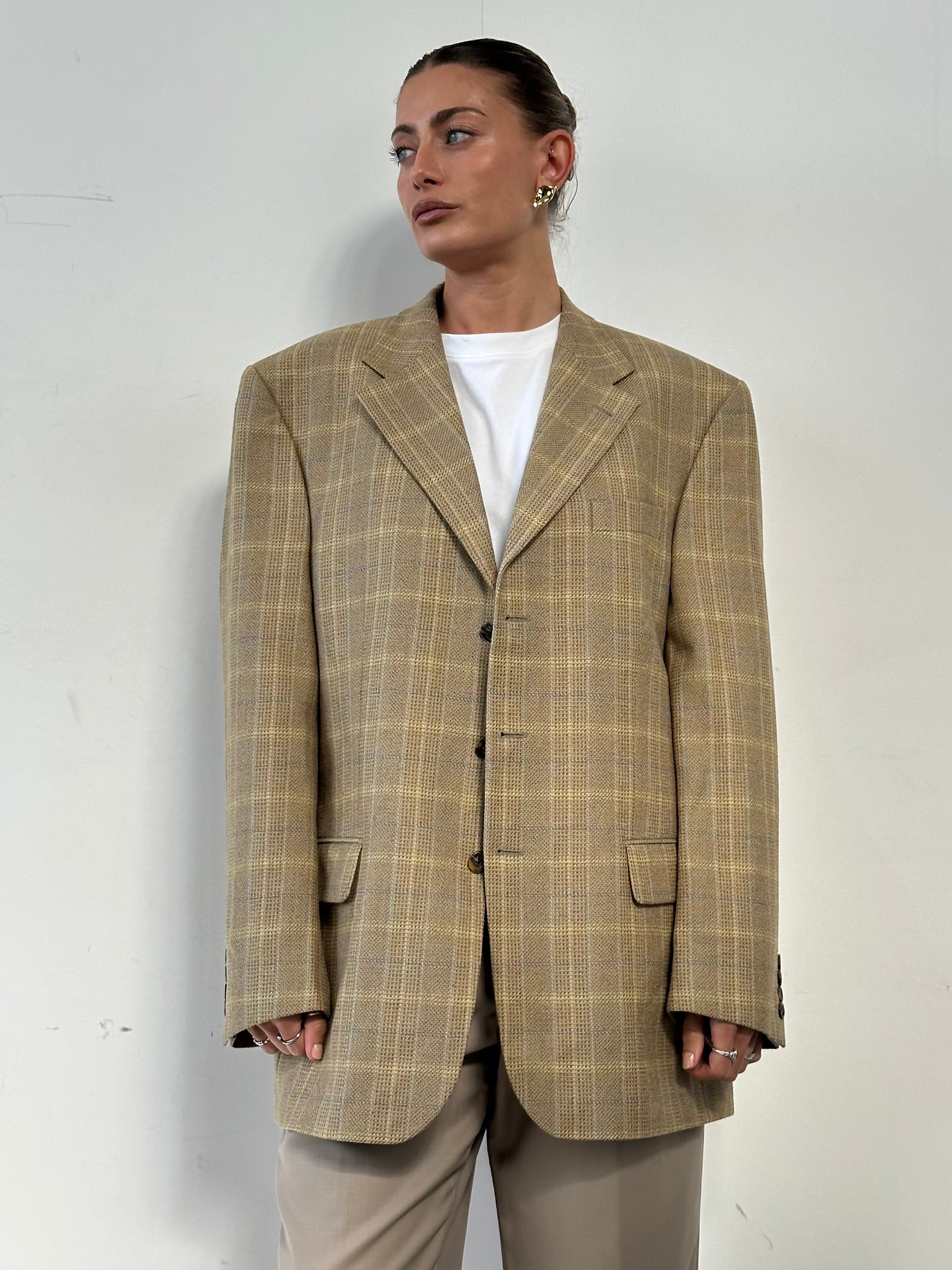 Yves Saint Laurent Pour Homme XXL wool check blazer with tailored fit and classic pattern, displayed on a neutral background.
