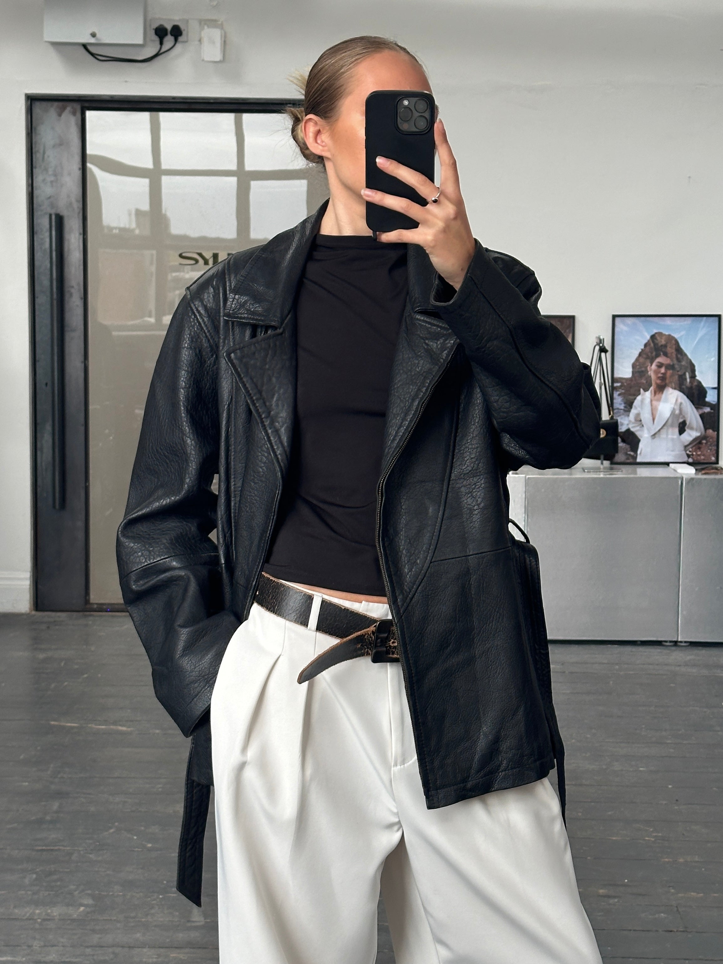 Vintage 1990s lamb leather belted jacket in XL, stylish retro jacket with classic design and textured leather appearance.