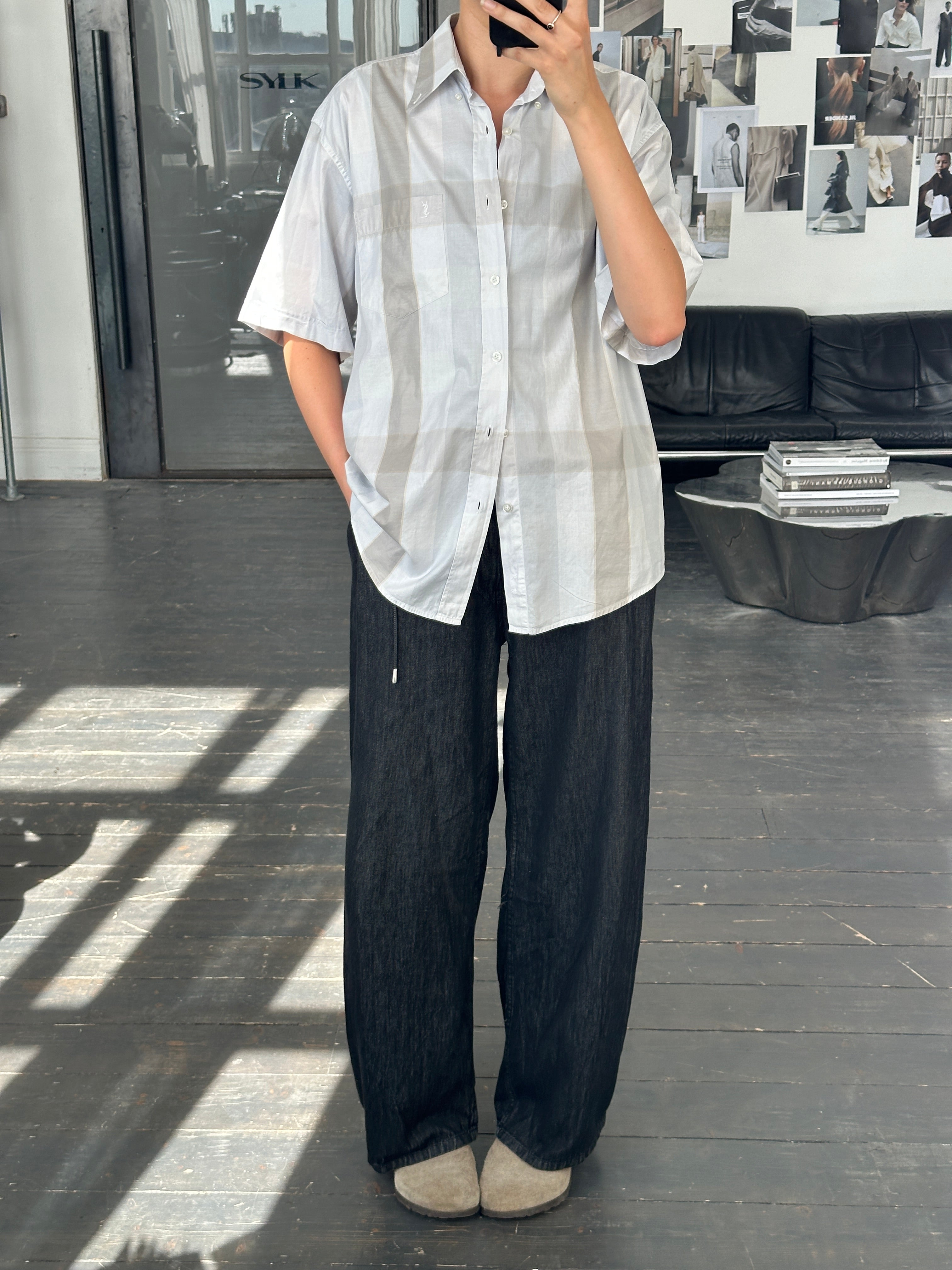 Yves Saint Laurent Pour Homme 1990s cotton check short sleeve logo shirt in XL, featuring a classic plaid pattern and YSL branding.