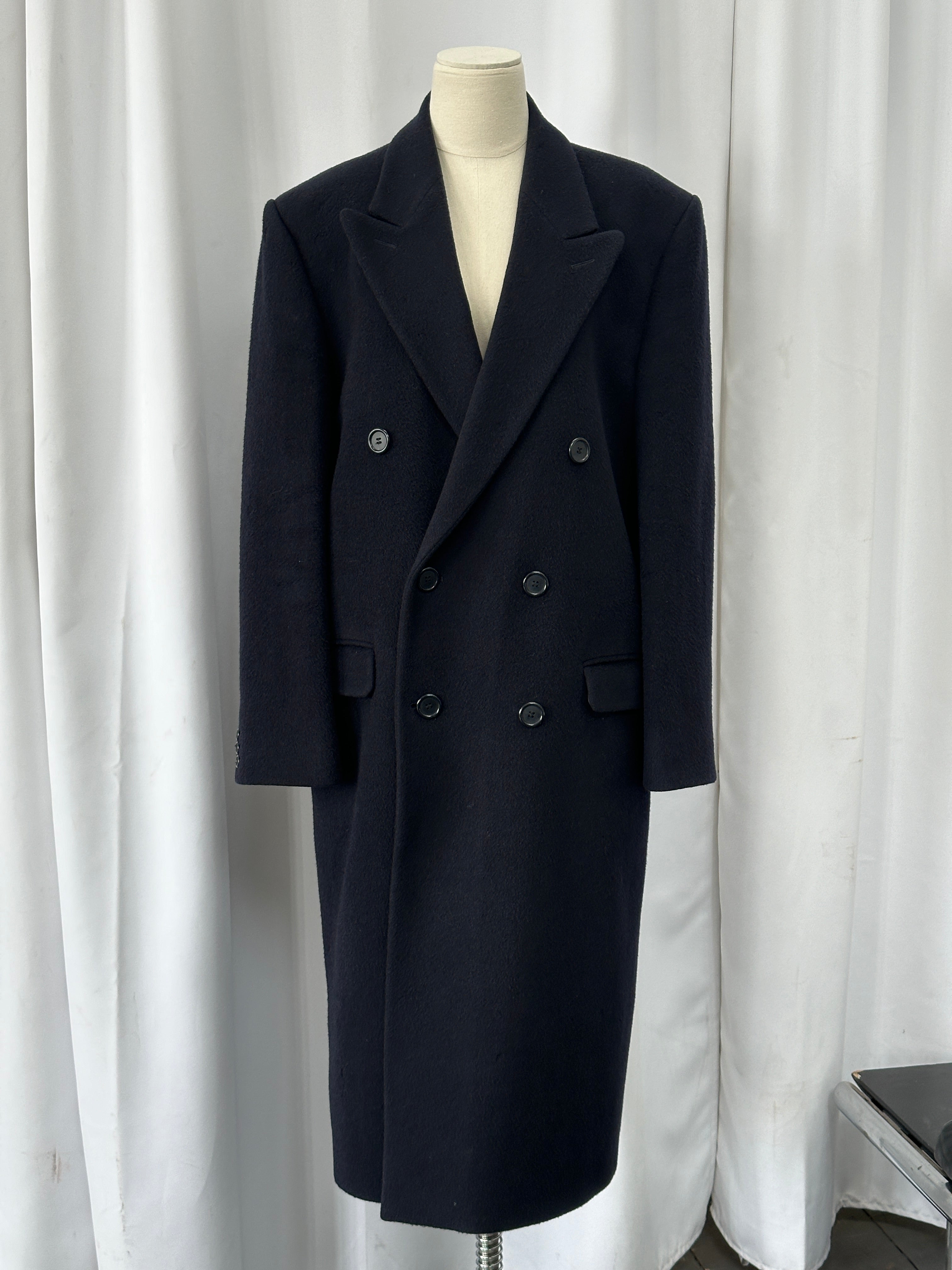 British vintage 1990s wool and cashmere double-breasted coat in XL, classic style with tailored lapels and button details.
