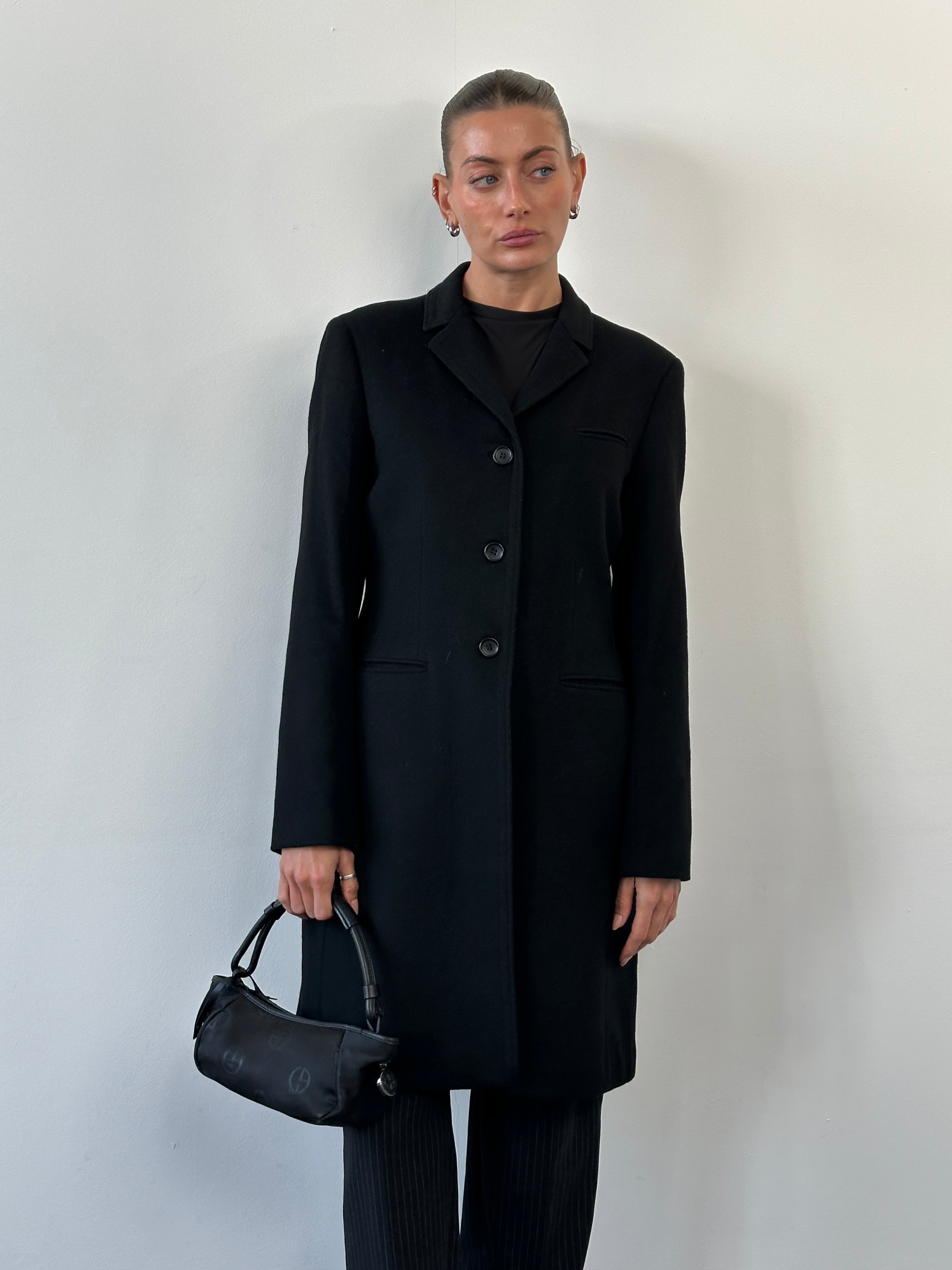 Vintage Italian 1990s wool cashmere single-breasted coat, medium size, classic and stylish outerwear.