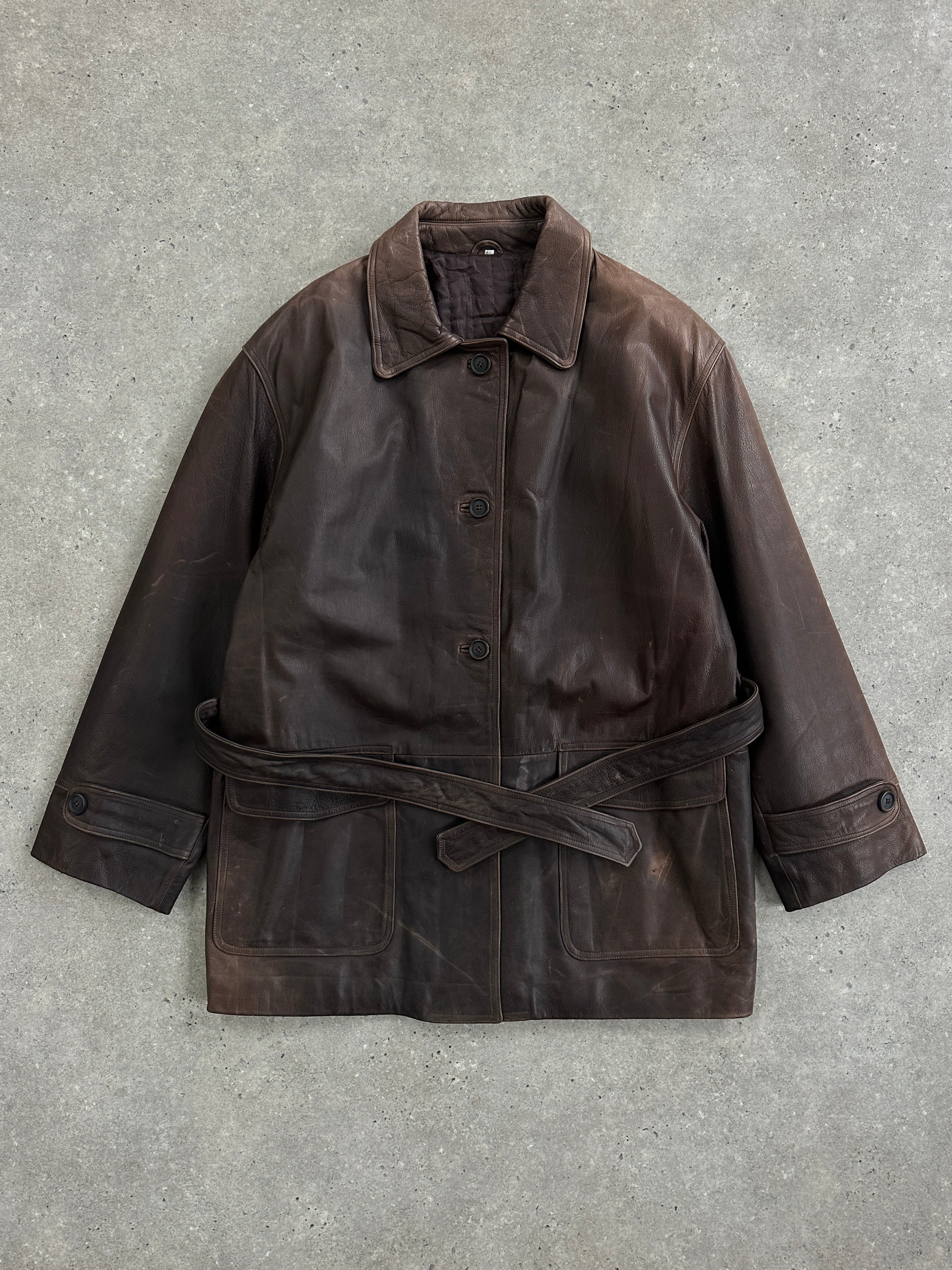 Vintage Italian 1990s aged leather belted jacket in XL, showing distressed leather, belted waist, and classic vintage style.