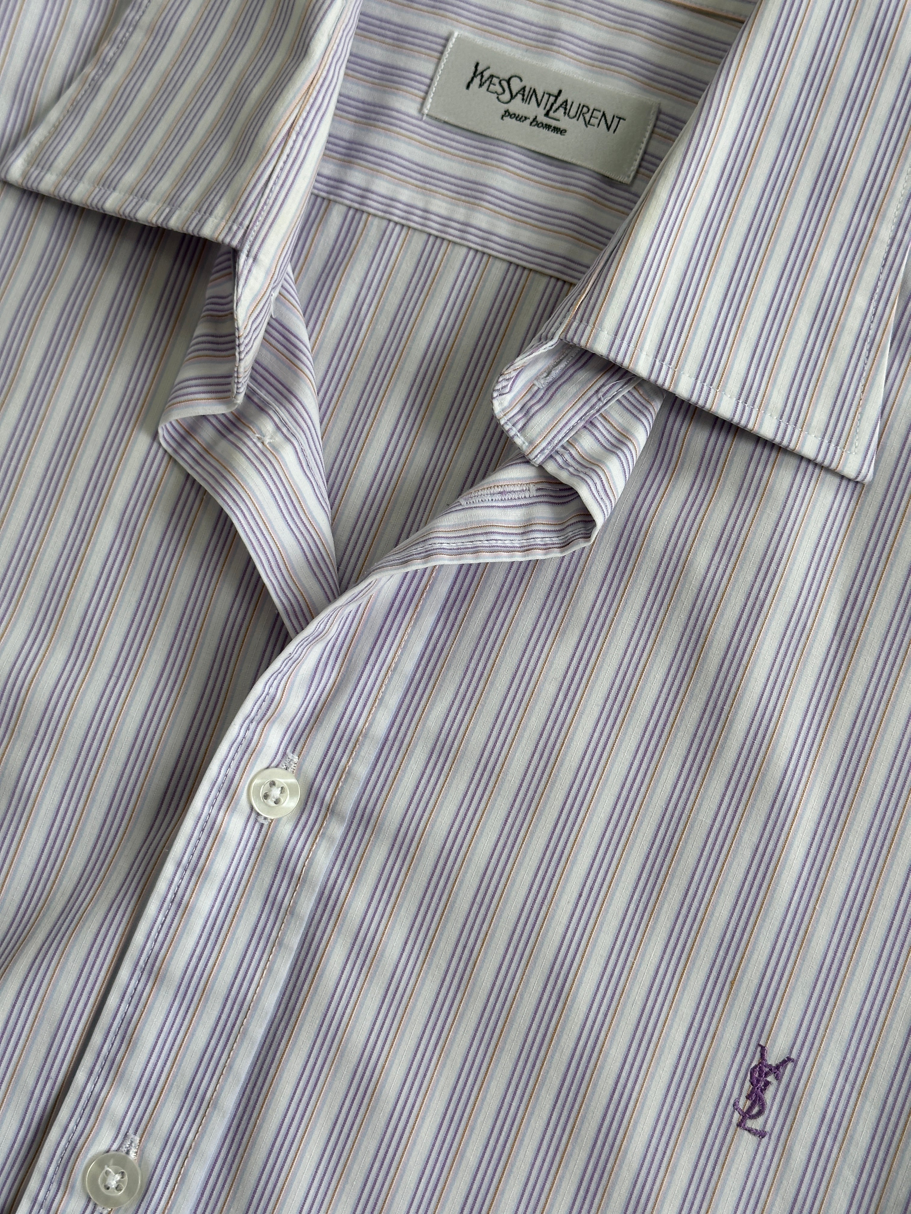 Yves Saint Laurent Pour Homme striped cotton dress shirt in size L/XL, featuring a classic collar and logo detail.