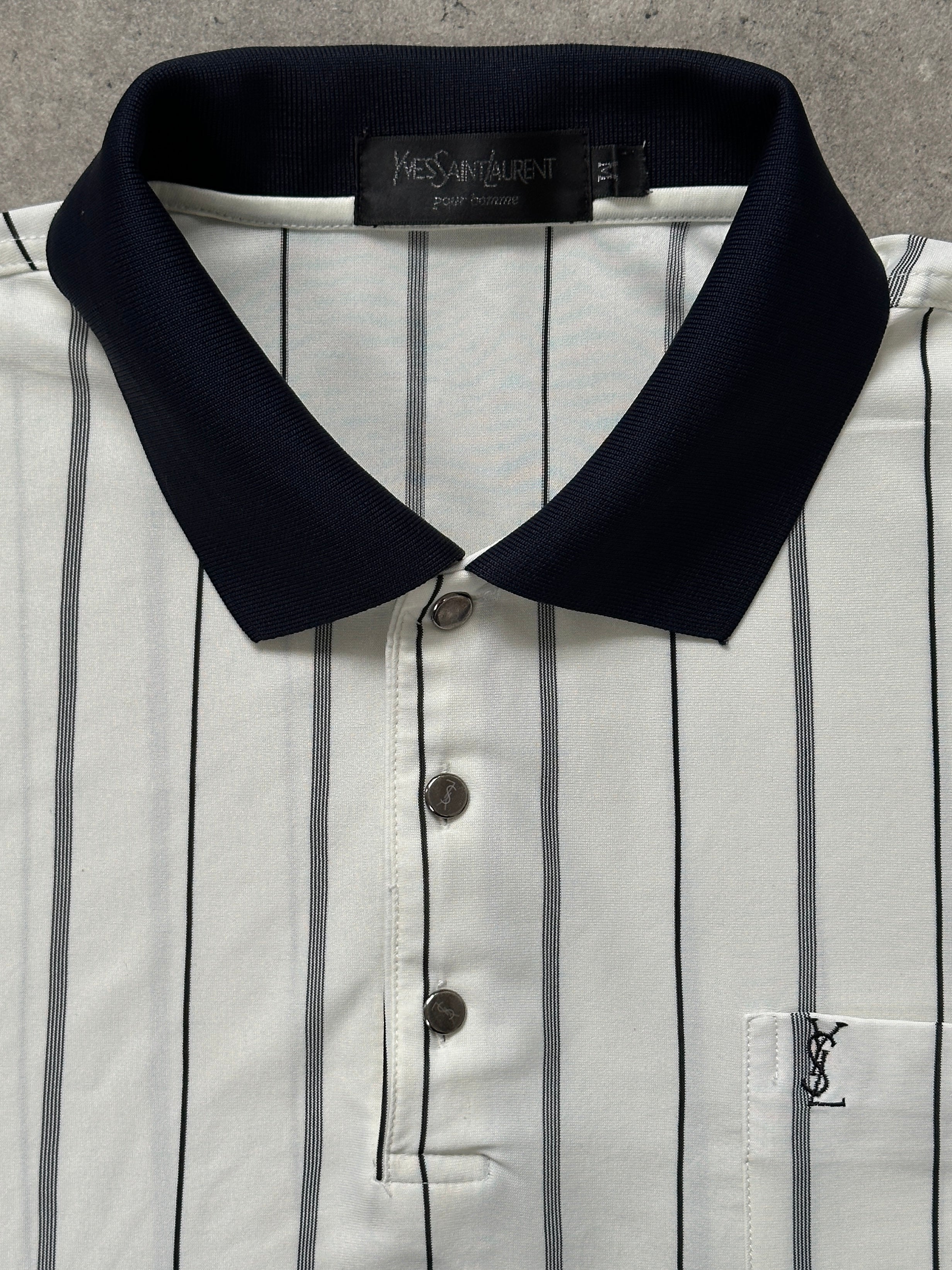 Yves Saint Laurent 1990s pure silk stripe polo shirt in size M, featuring classic design and vibrant color stripes.