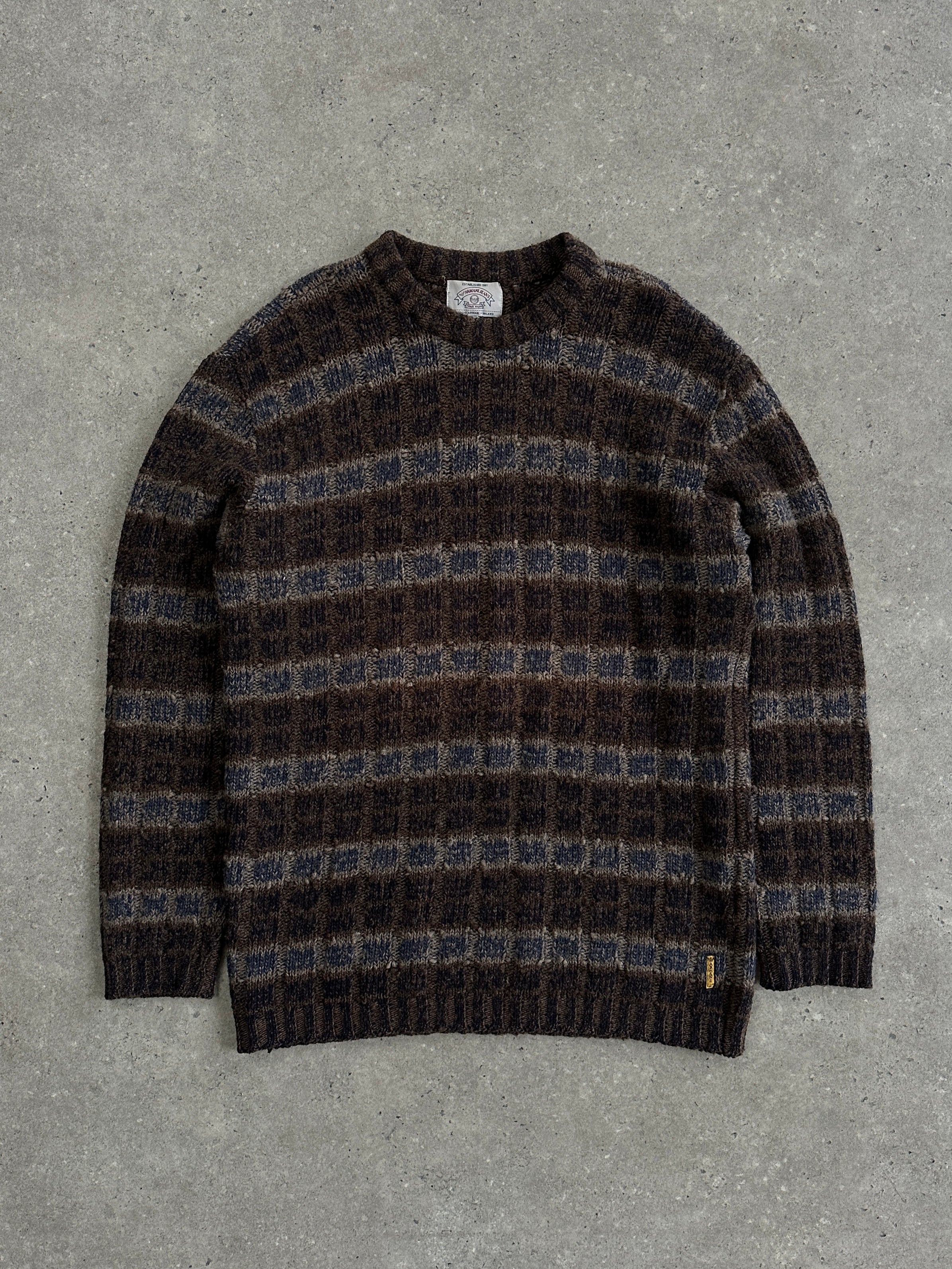 Armani Jeans 1990s wool check knitted jumper in XL, featuring a classic plaid pattern and cozy knit texture.