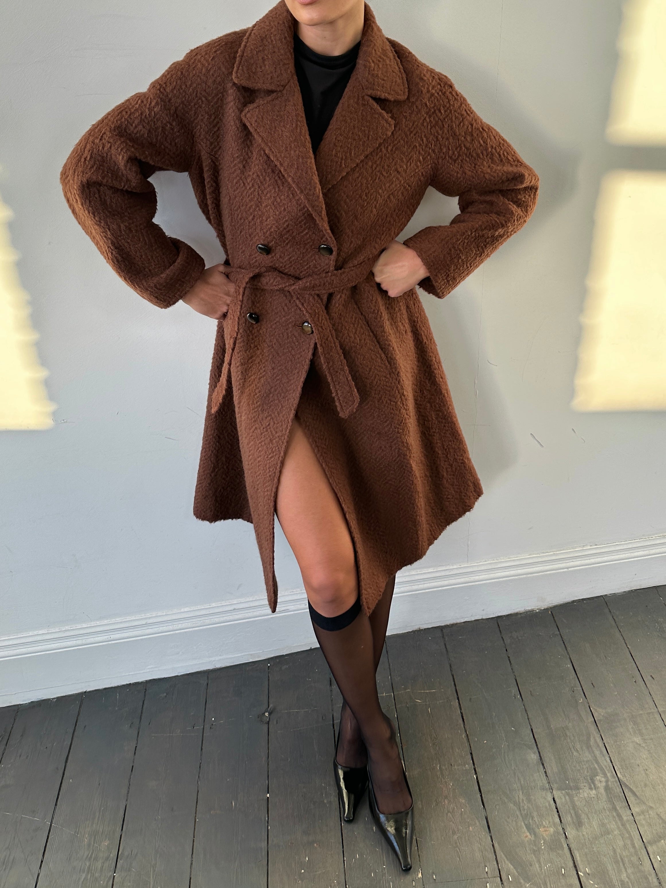 Vintage Italian mohair wool double-breasted belted coat in S/M size, showcasing classic vintage style and warm fabric.