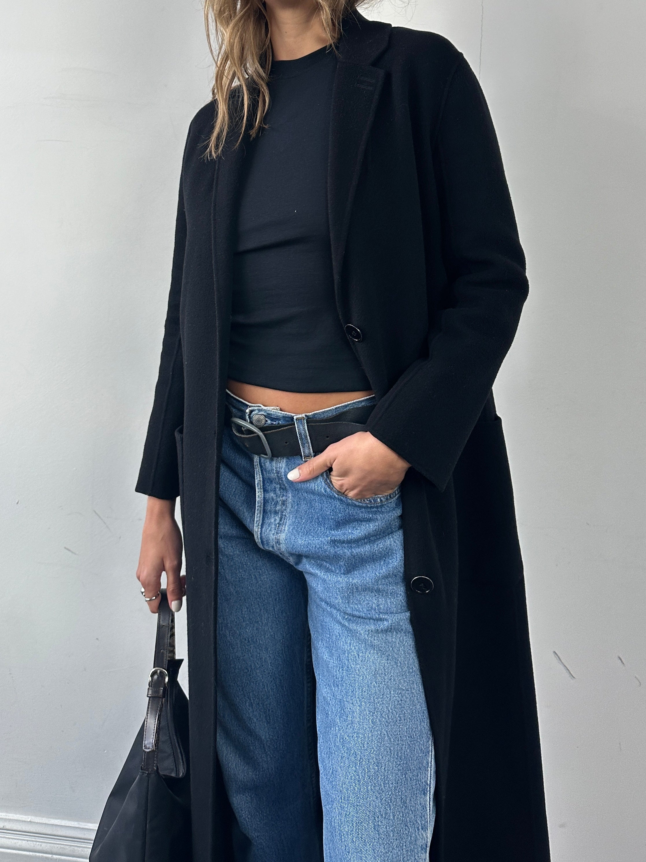 The Kooples double-faced pure wool coat in XS/S, floor length, unlined, beige color, showing the coat hanging on a hanger.