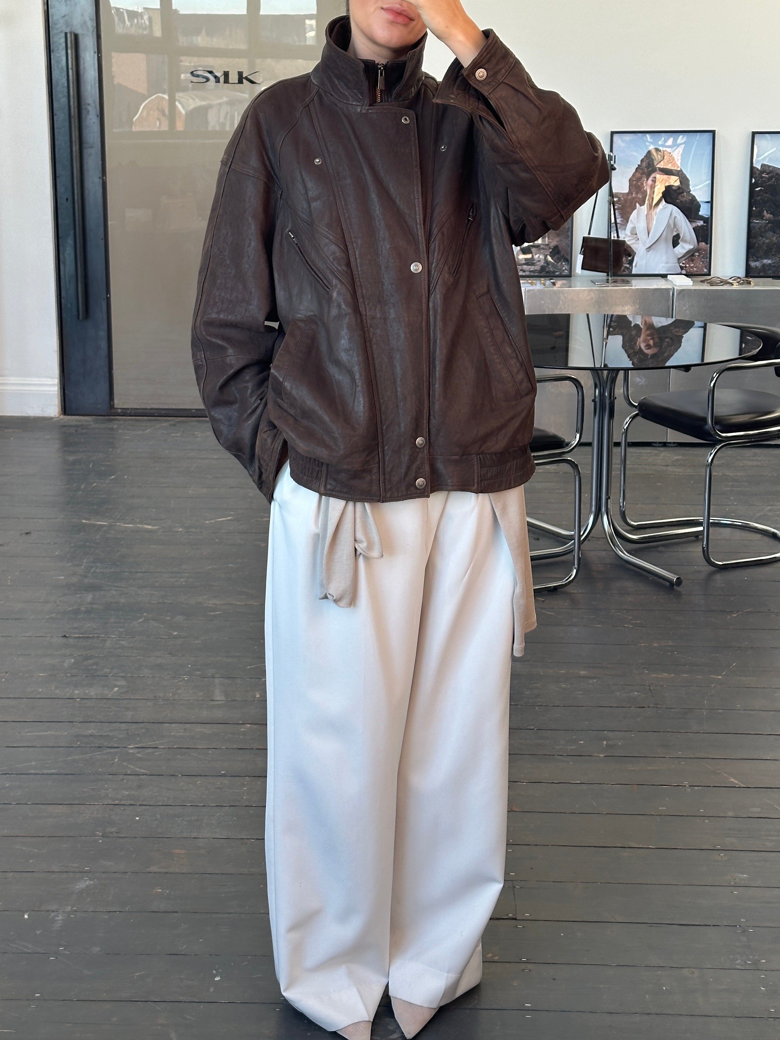 Vintage 1990s High Neck Bomber Leather Jacket - XL - SYLK