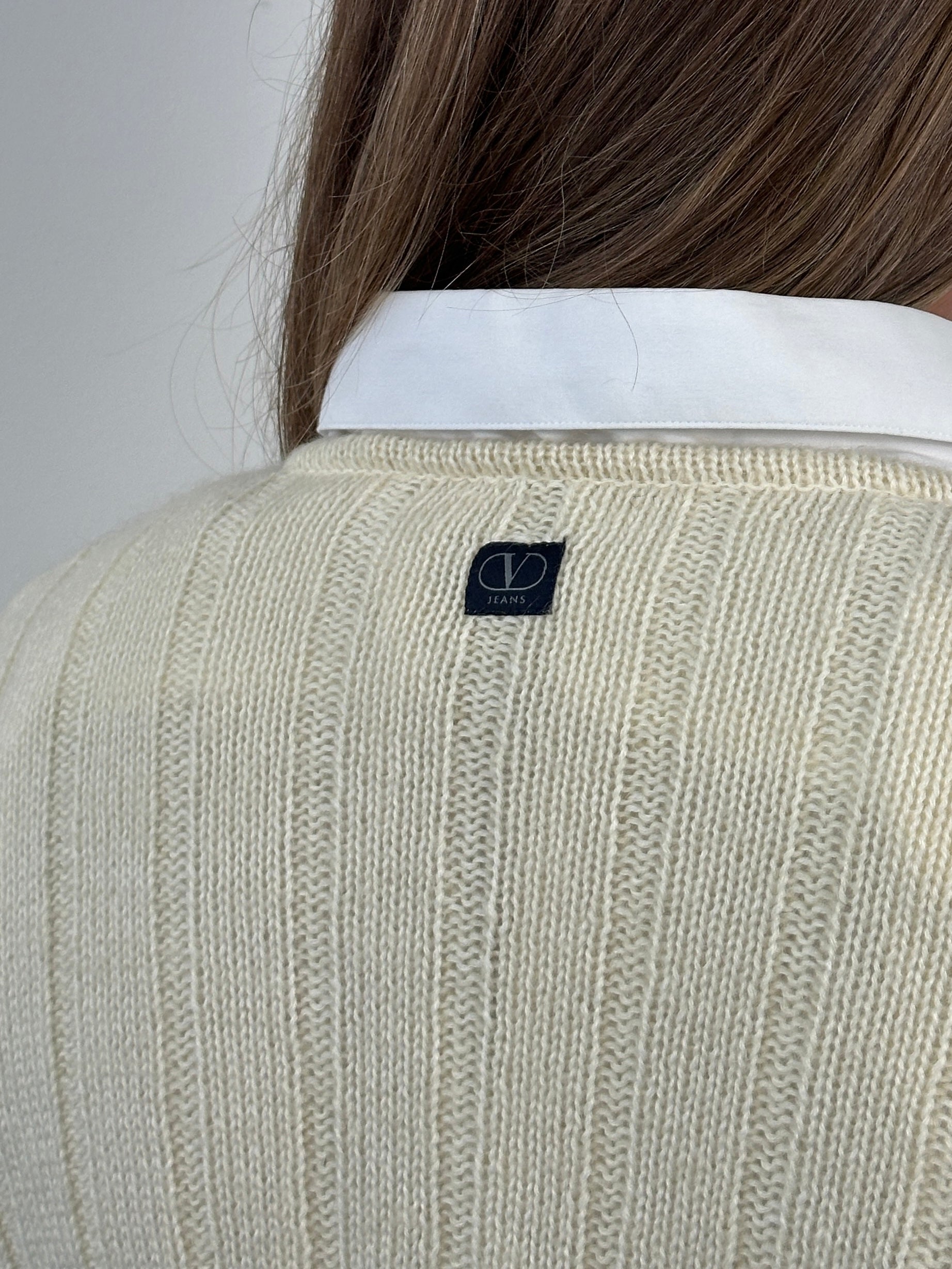 Valentino 1990s wool mohair V-neck knitted jumper in size S, beige color, featuring a soft, textured knit fabric.