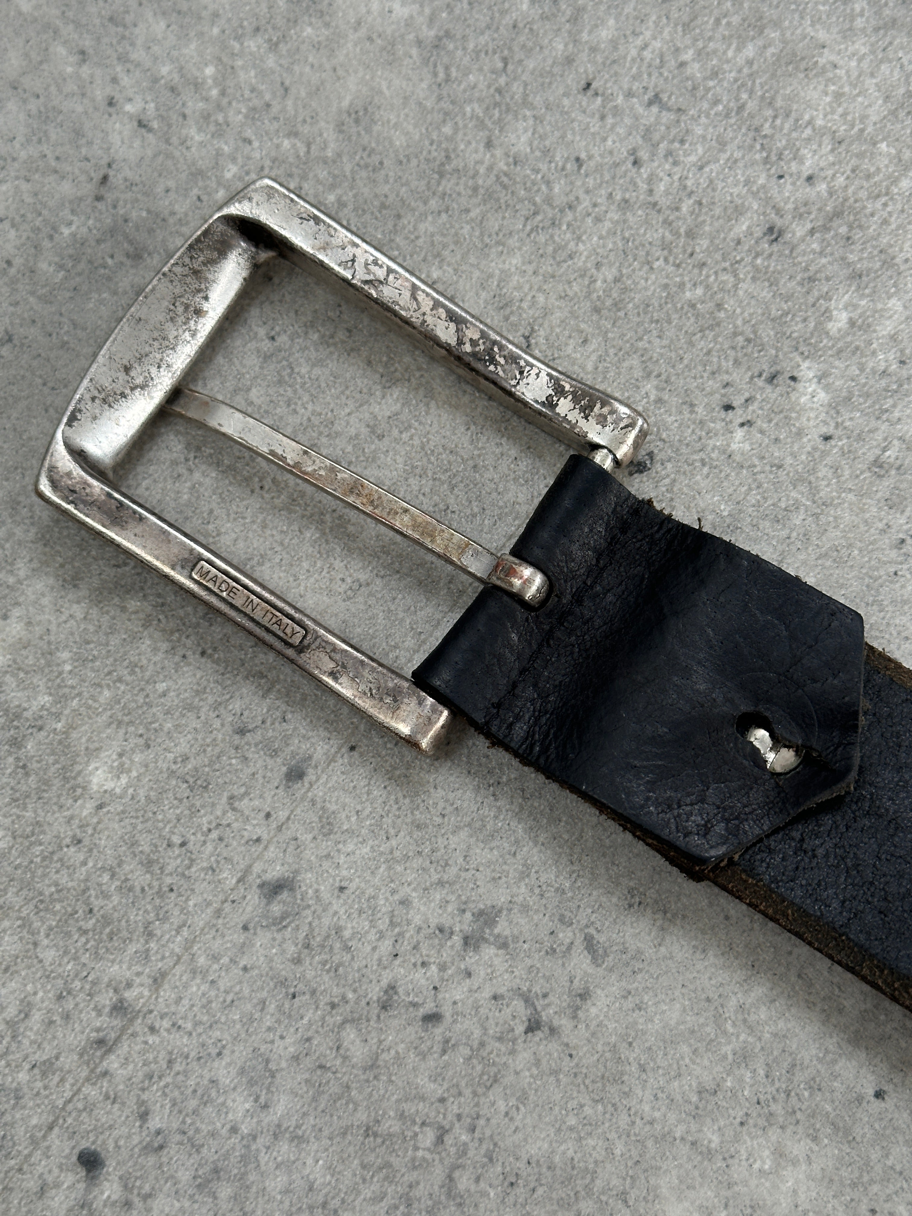 Italian vintage 1990s chrome leather belt, 34-38 inches, featuring a classic design with a polished metal buckle.