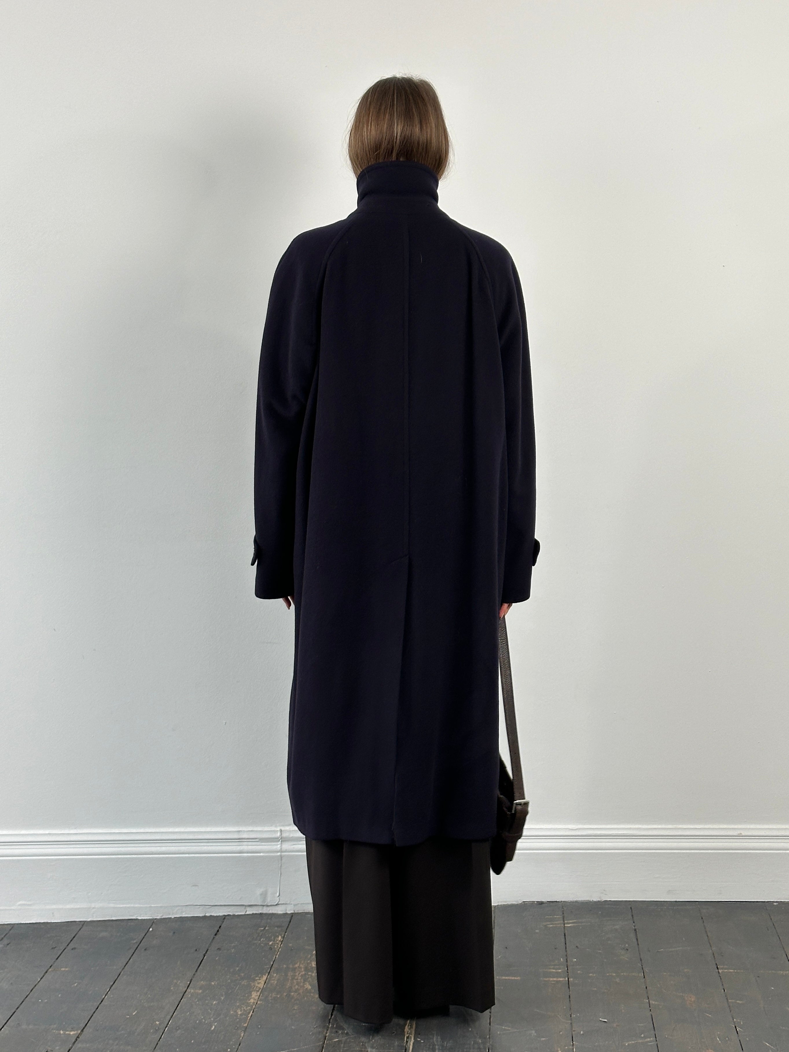 Jaeger 1990s high neck pure cashmere coat in XL, beige color, showcasing the soft, luxurious fabric and classic design.