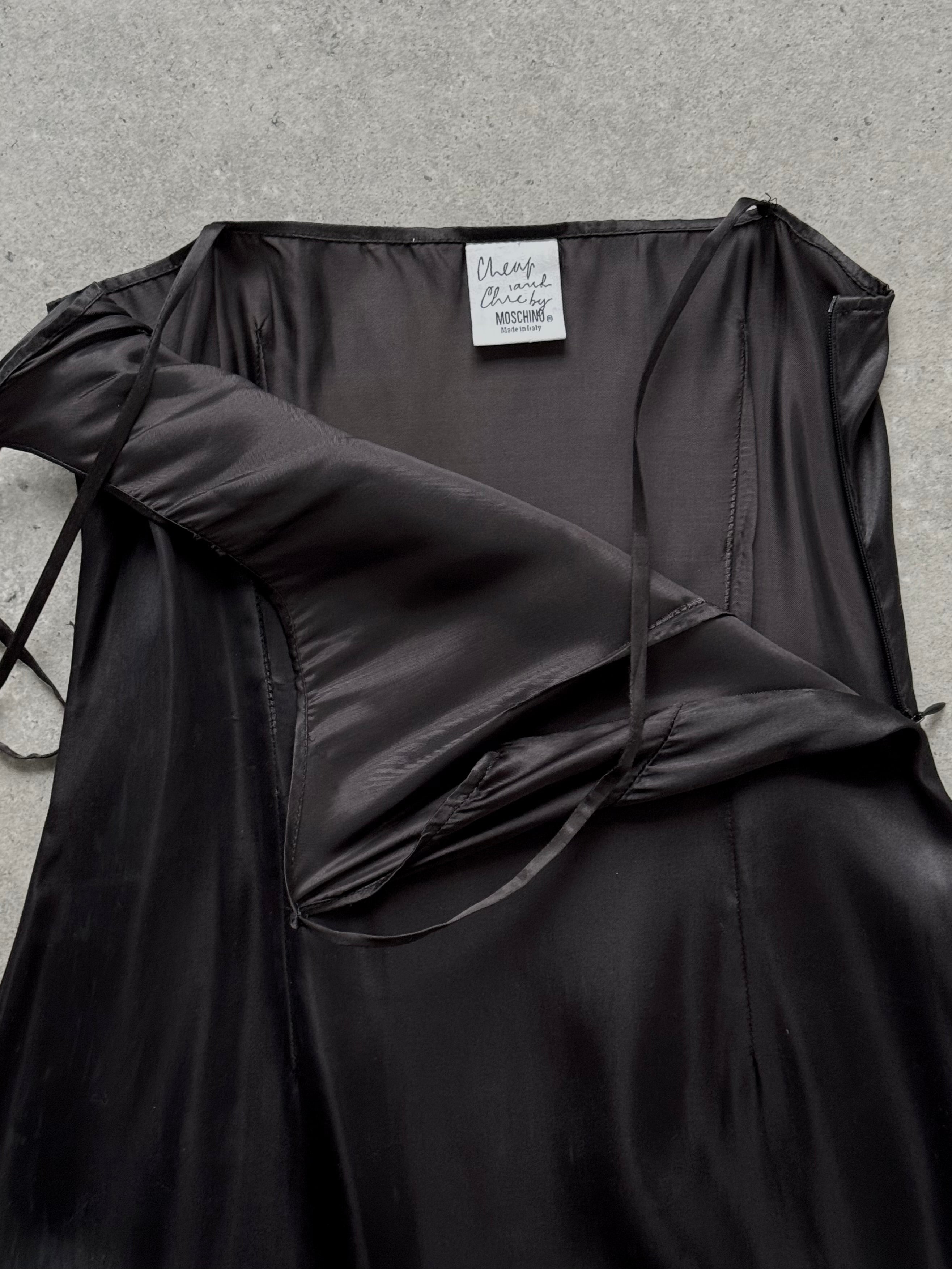 Moschino 1990s Cheap & Chic satin maxi dress in black, featuring a flowing silhouette and elegant design, size S/M.