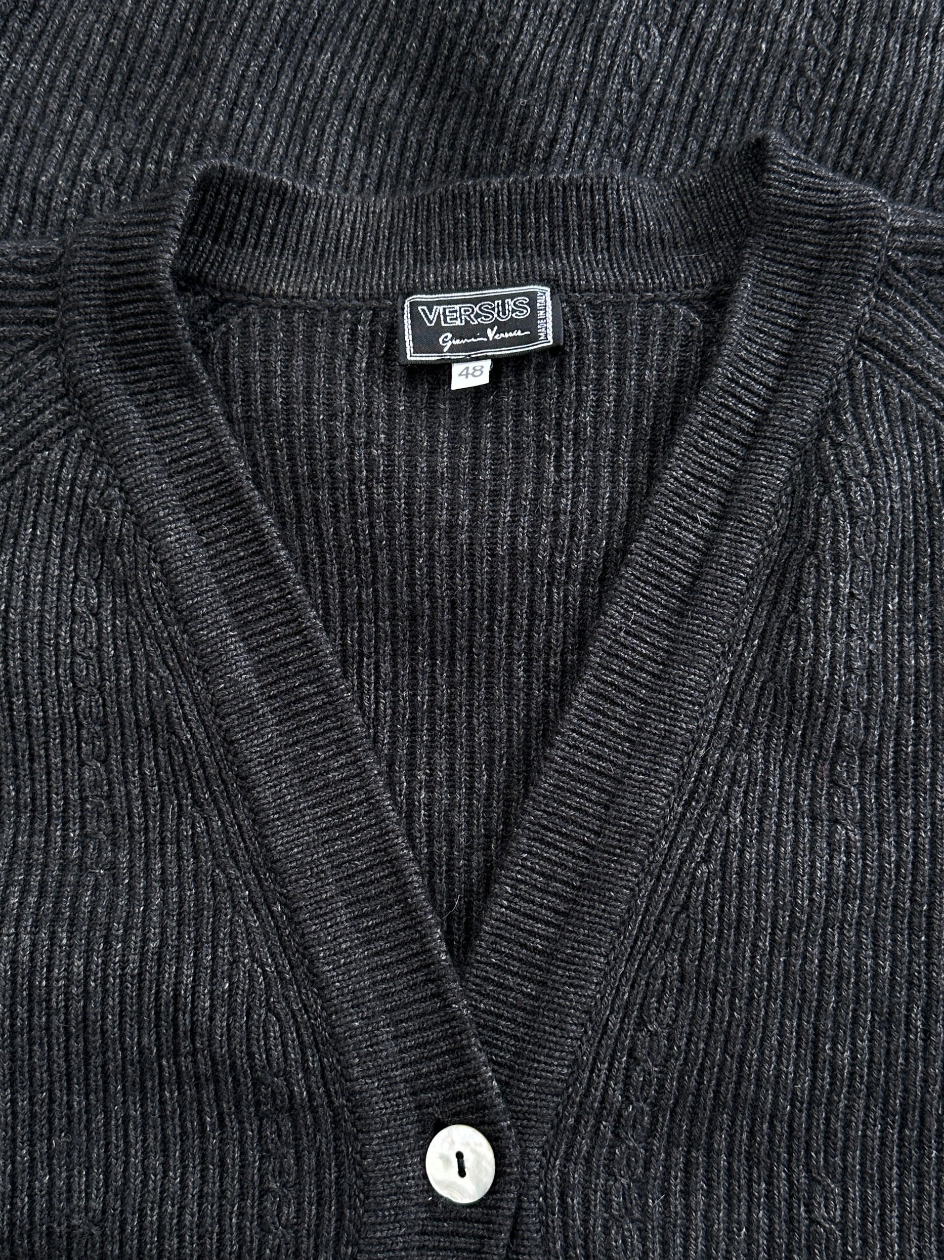 Versace Versus 1990s wool cardigan in size M/L, featuring classic design and textured knit fabric.