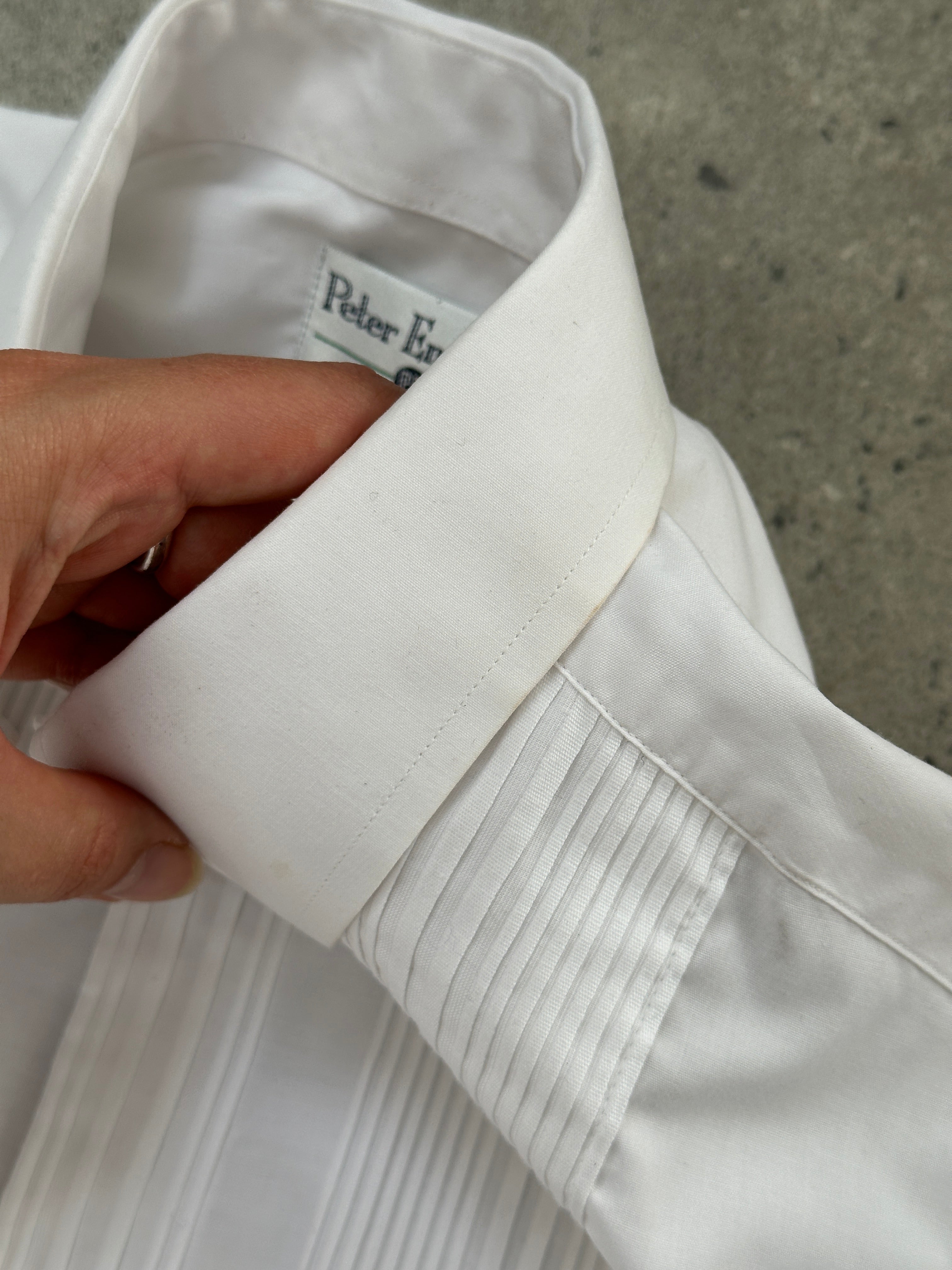 Vintage cotton tuxedo dress shirt in size L, featuring classic design and crisp white fabric, from the Vintage brand.