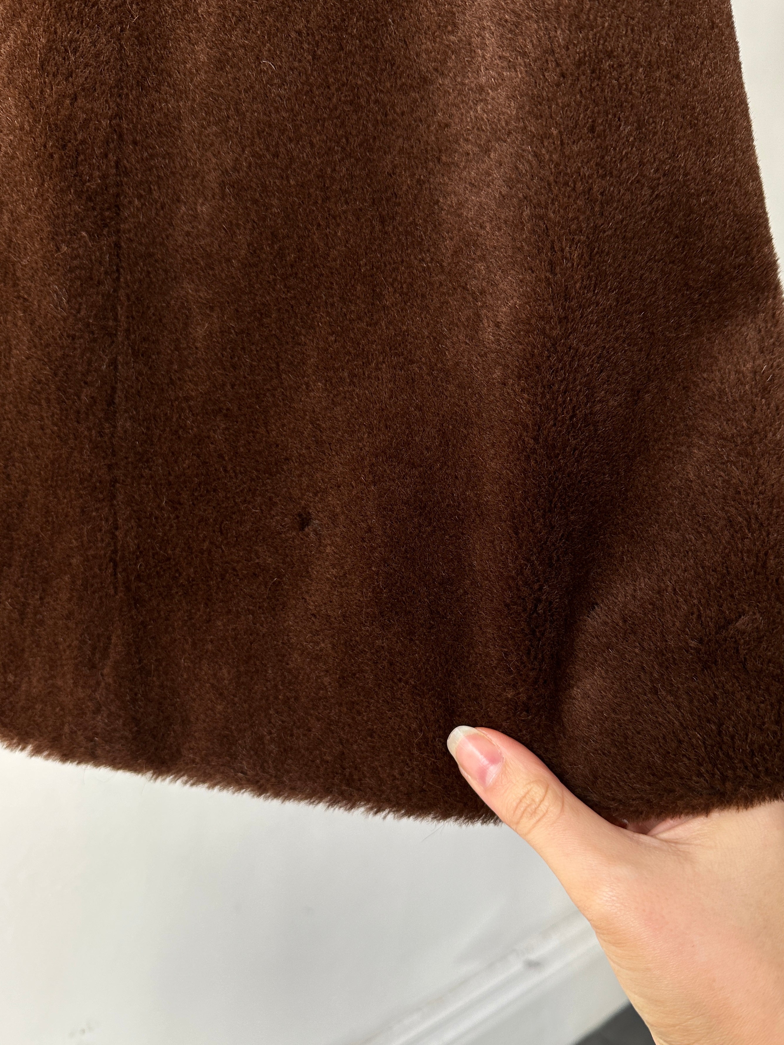 Vintage alpaca mohair fur single-breasted A-line coat in beige, featuring classic design and textured fabric.