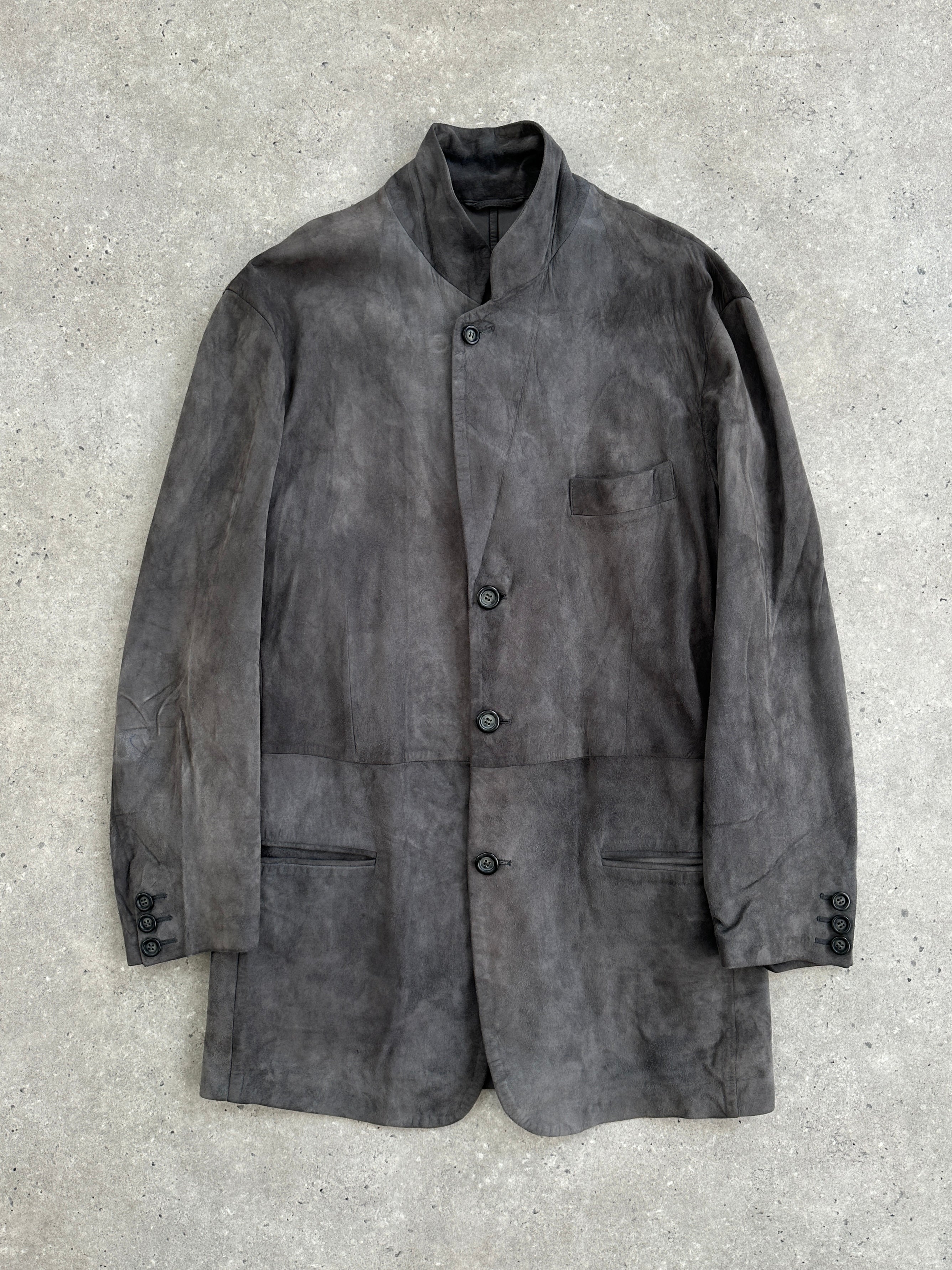 Giorgio Armani Black Label suede blazer jacket in size large, tailored fit with classic lapel and sleek design.