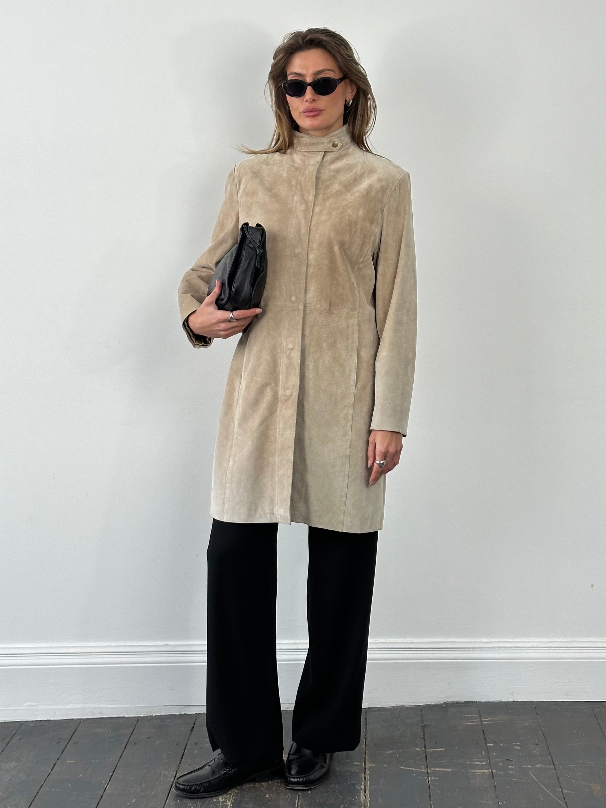 Vintage 1990s suede leather high neck jacket, size M, featuring a classic design with a high collar and smooth suede texture.