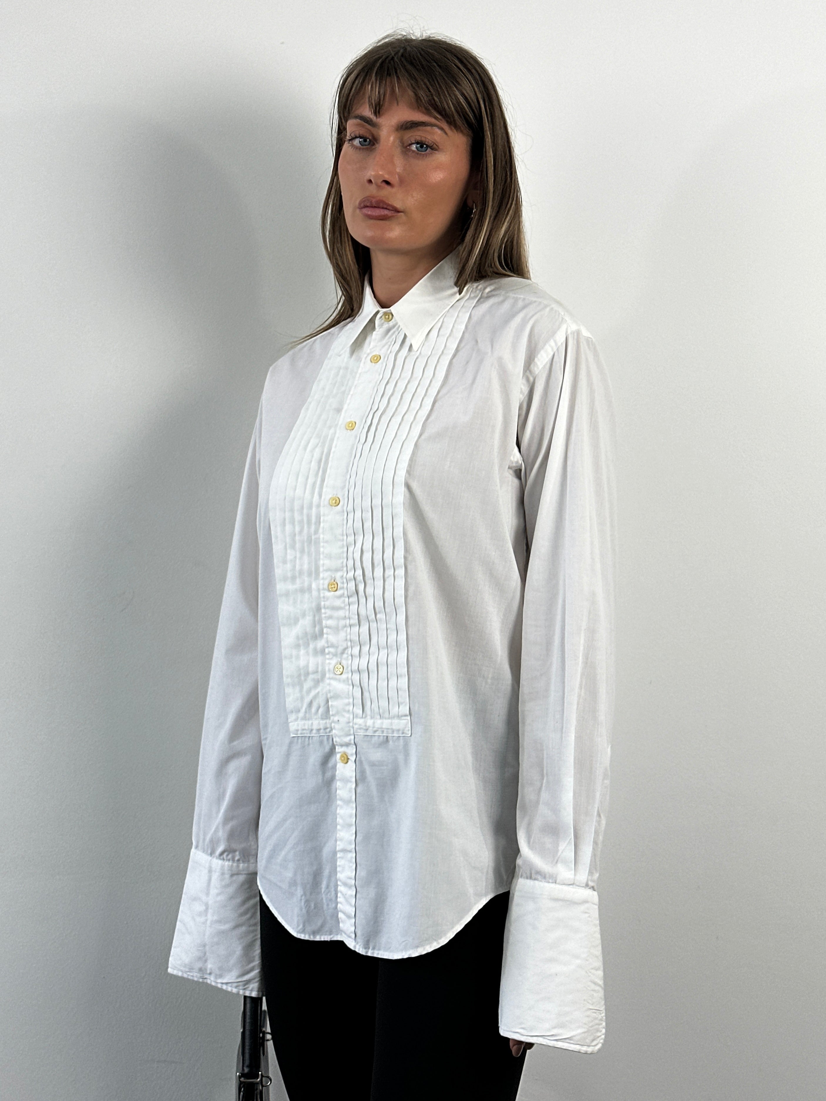 Yves Saint Laurent Pour Homme 1990s tuxedo cotton dress shirt, men's size M, white with classic collar and button-front design.