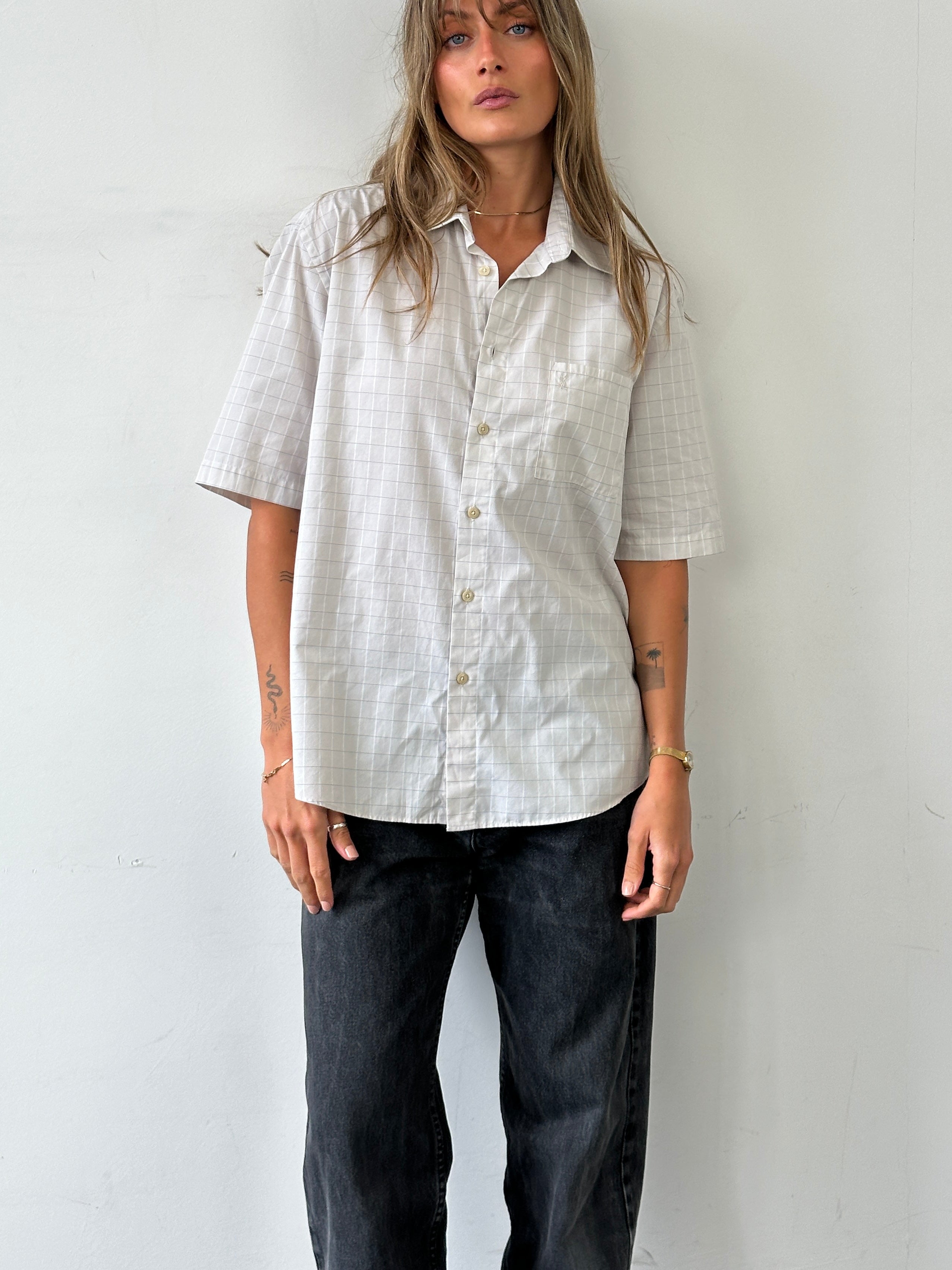 Yves Saint Laurent Pour Homme check cotton logo short sleeve shirt in size L, featuring classic pattern and brand logo detail.