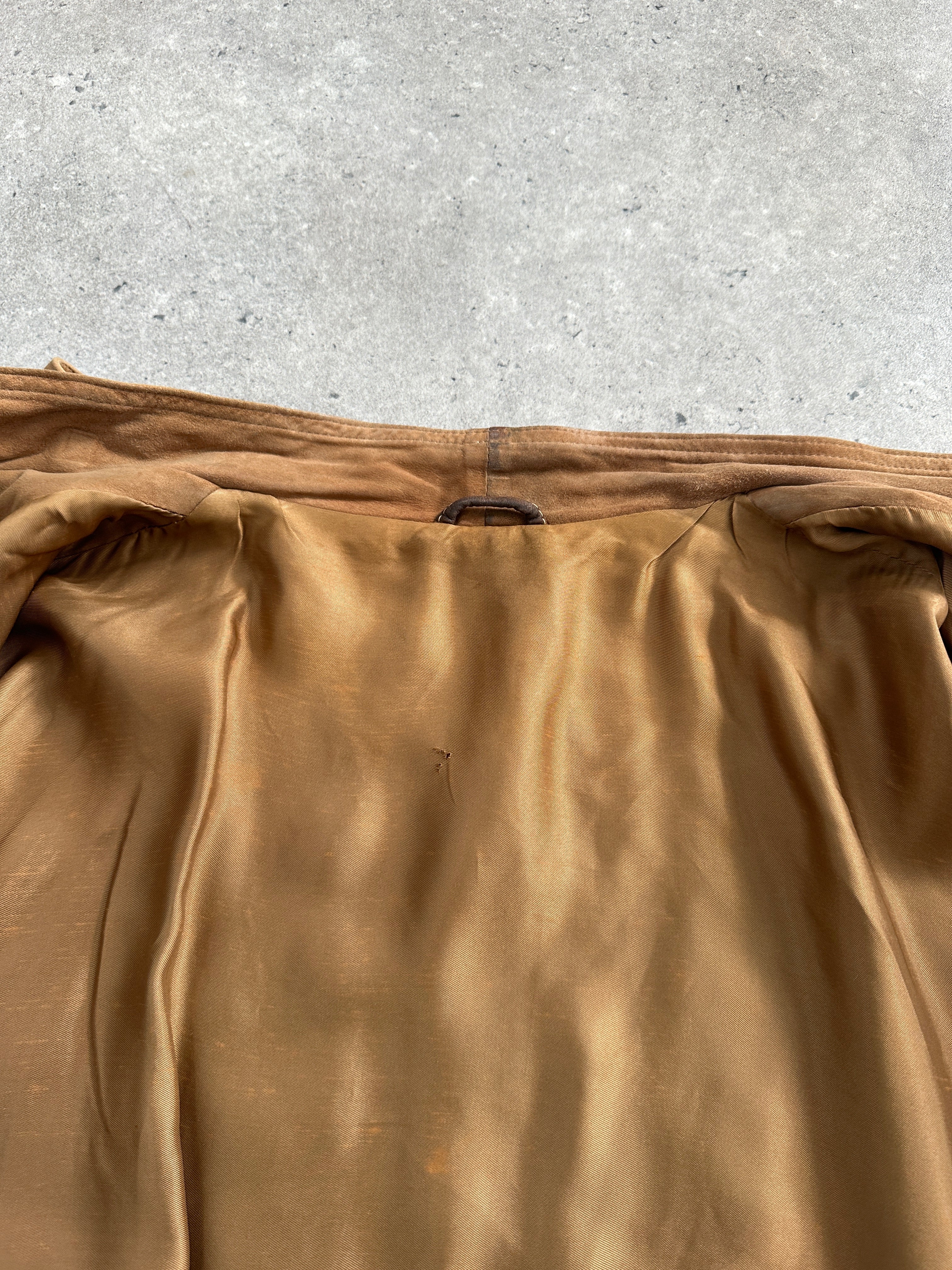Vintage high neck suede bomber jacket in size M, featuring a classic design with a soft textured suede exterior.