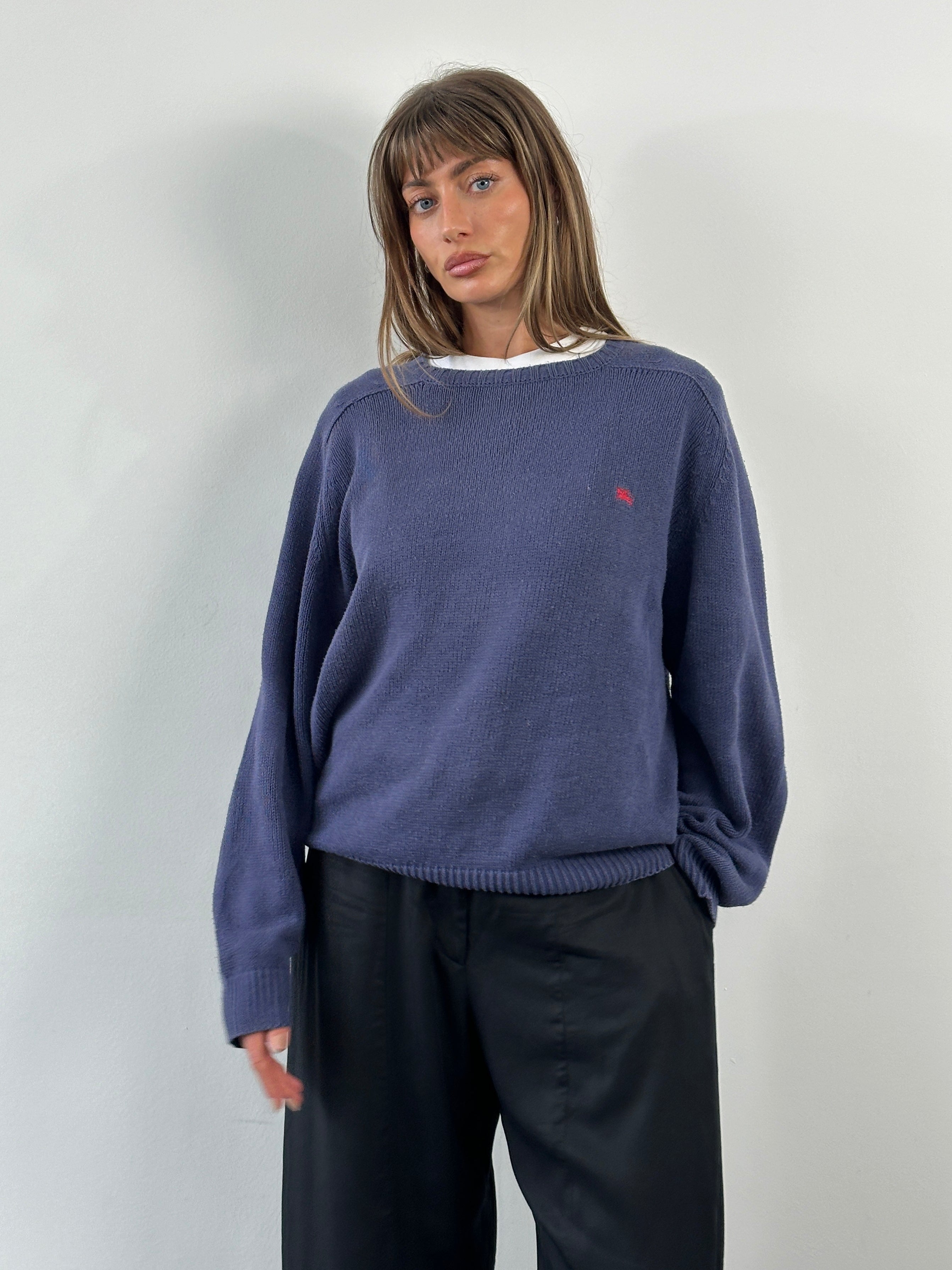 Burberry 1990s cotton logo knitted jumper in size L, featuring classic Burberry branding and a cozy knitted design.