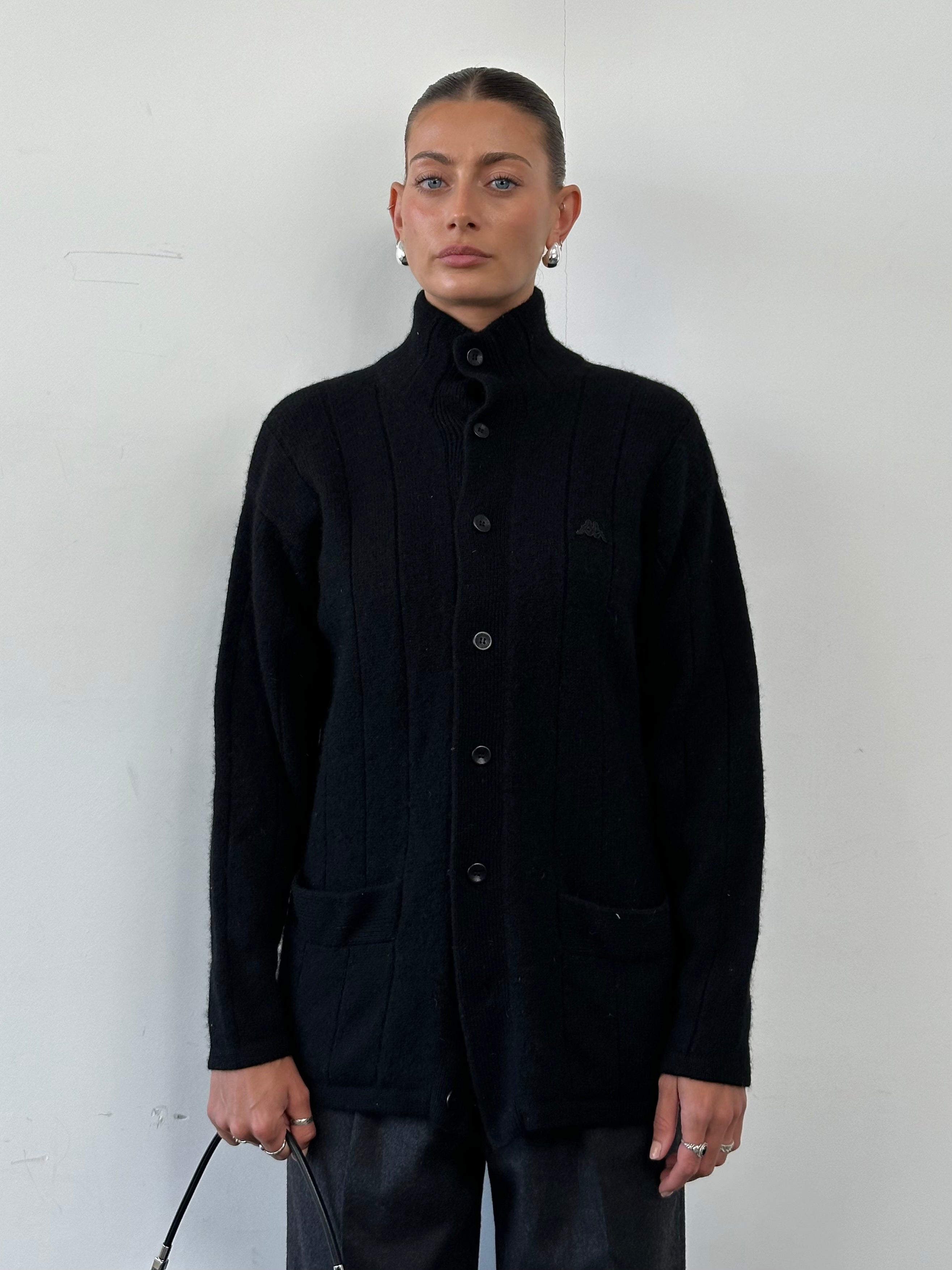 Kappa Pure Shetland Wool high neck cardigan in size L, featuring a cozy knit design and classic high collar.