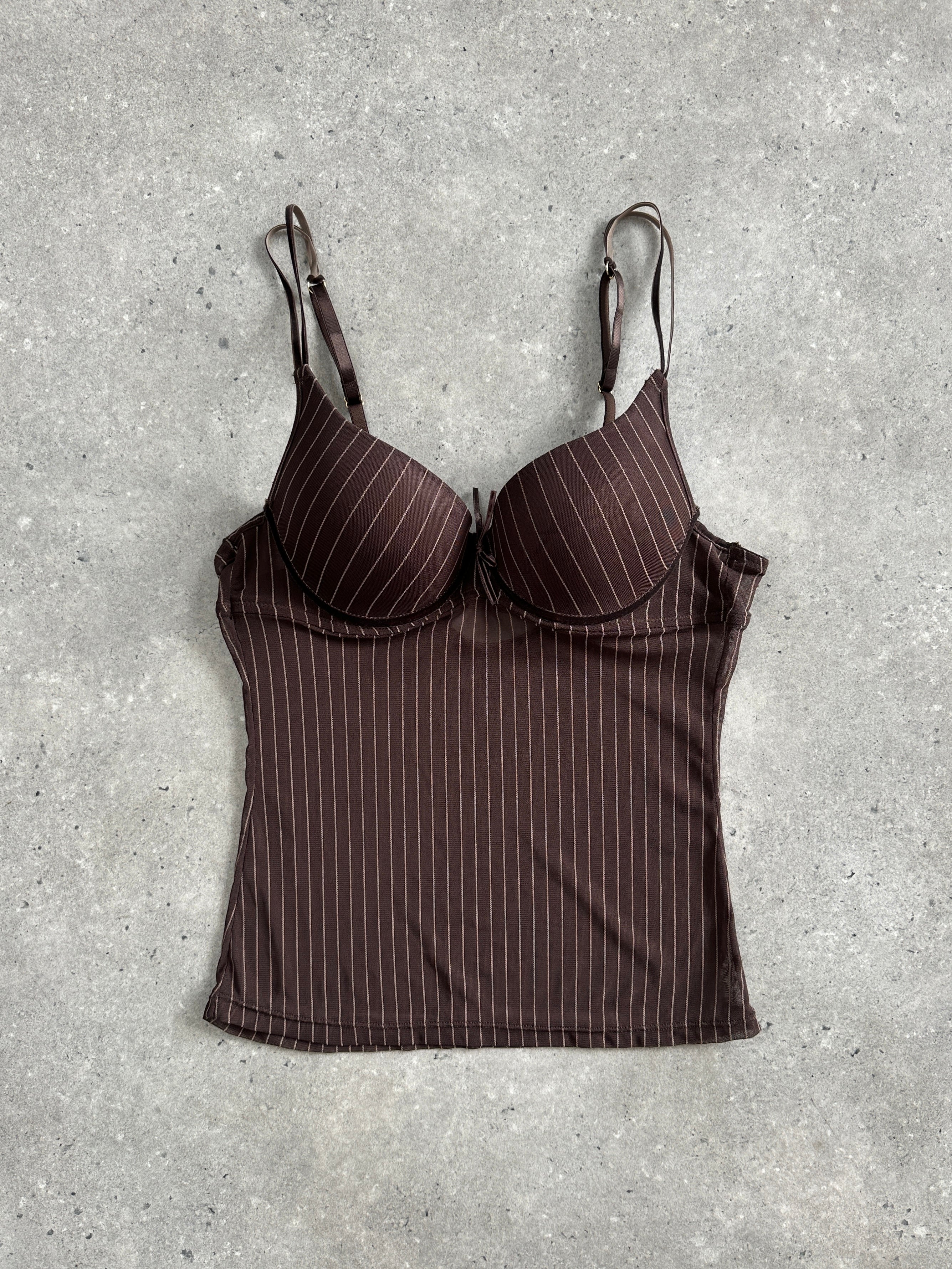 Vintage 2000s sheer stripe top in size M, featuring a lightweight, see-through fabric with horizontal stripe pattern.