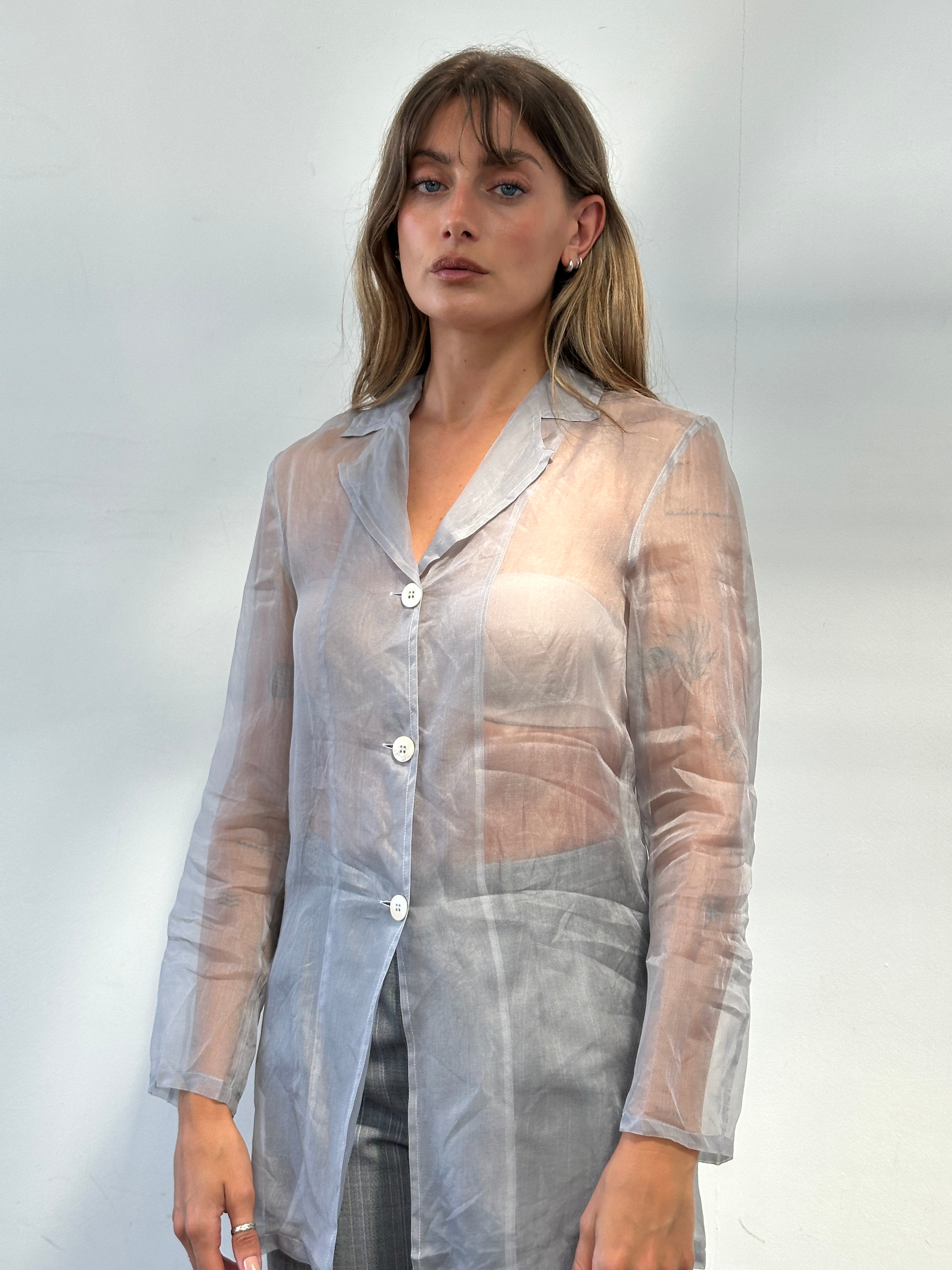 MAX & Co sheers organza shirt in white, lightweight, semi-transparent fabric with classic collar and button front.