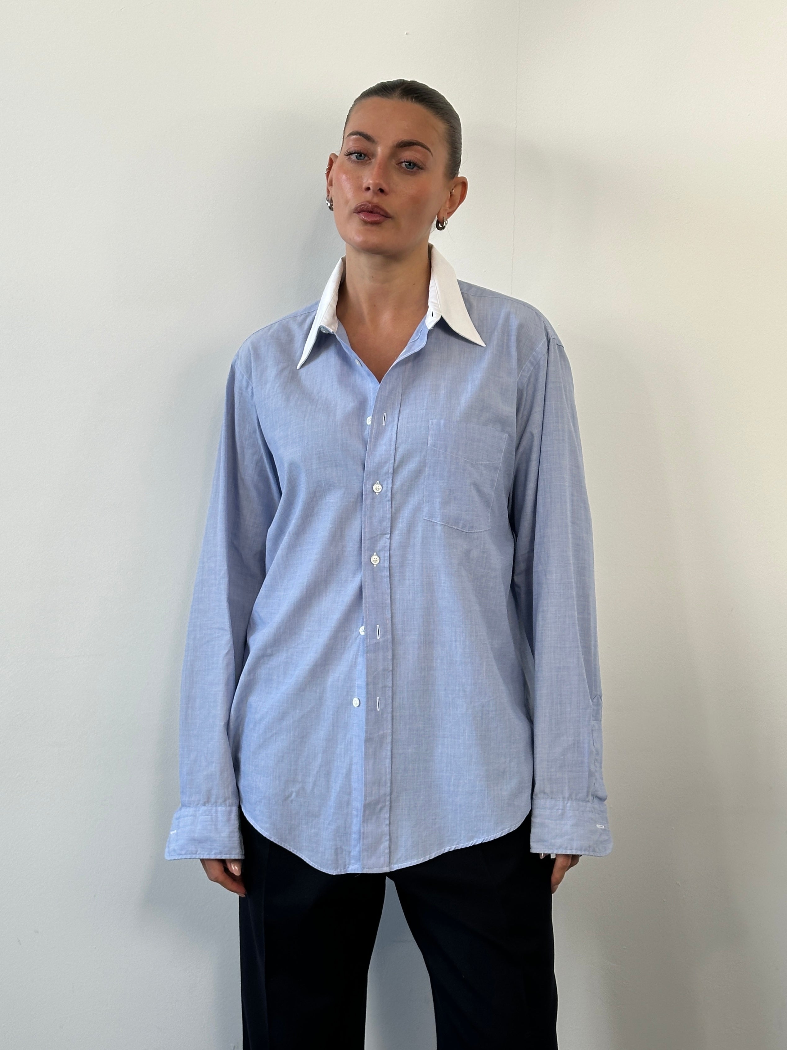 Christian Dior 1980s cotton contrast collar shirt, men's size L, with classic button-up design and stylish collar detail.