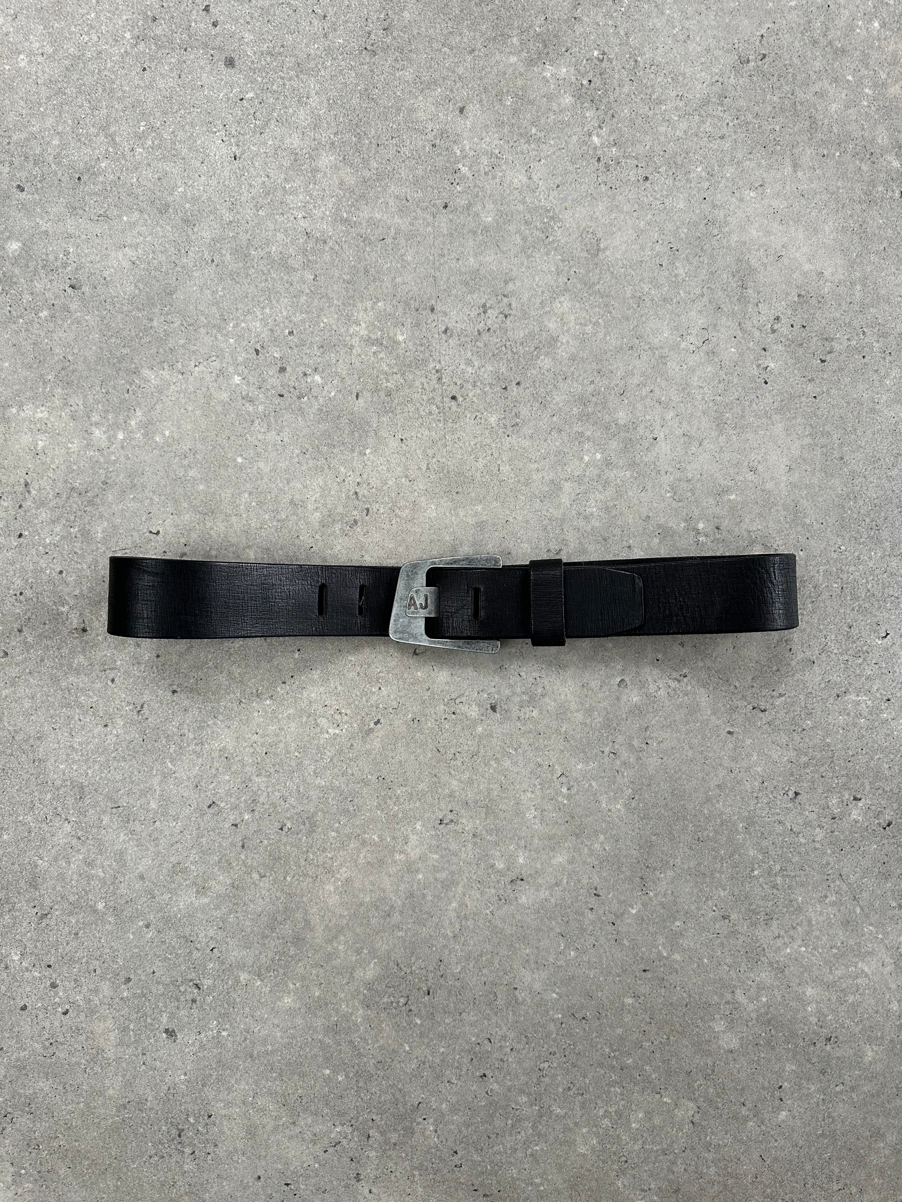 Armani Jeans leather belt with logo buckle, size W30-34, black with silver-tone hardware, stylish men's accessory