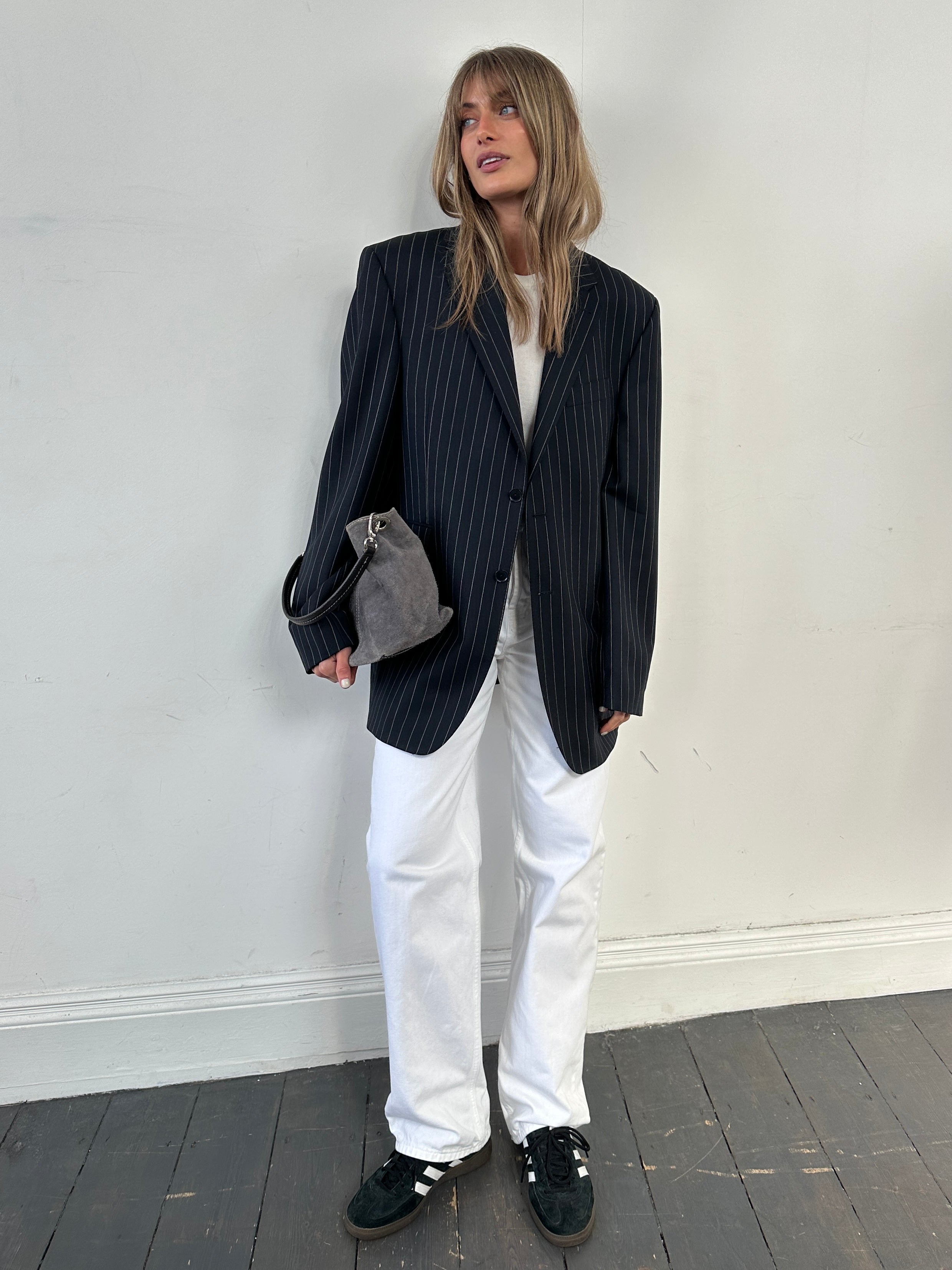 Vintage pinstripe pure wool blazer, single-breasted style in size 44L/XXL, classic tailored design with notch lapels.
