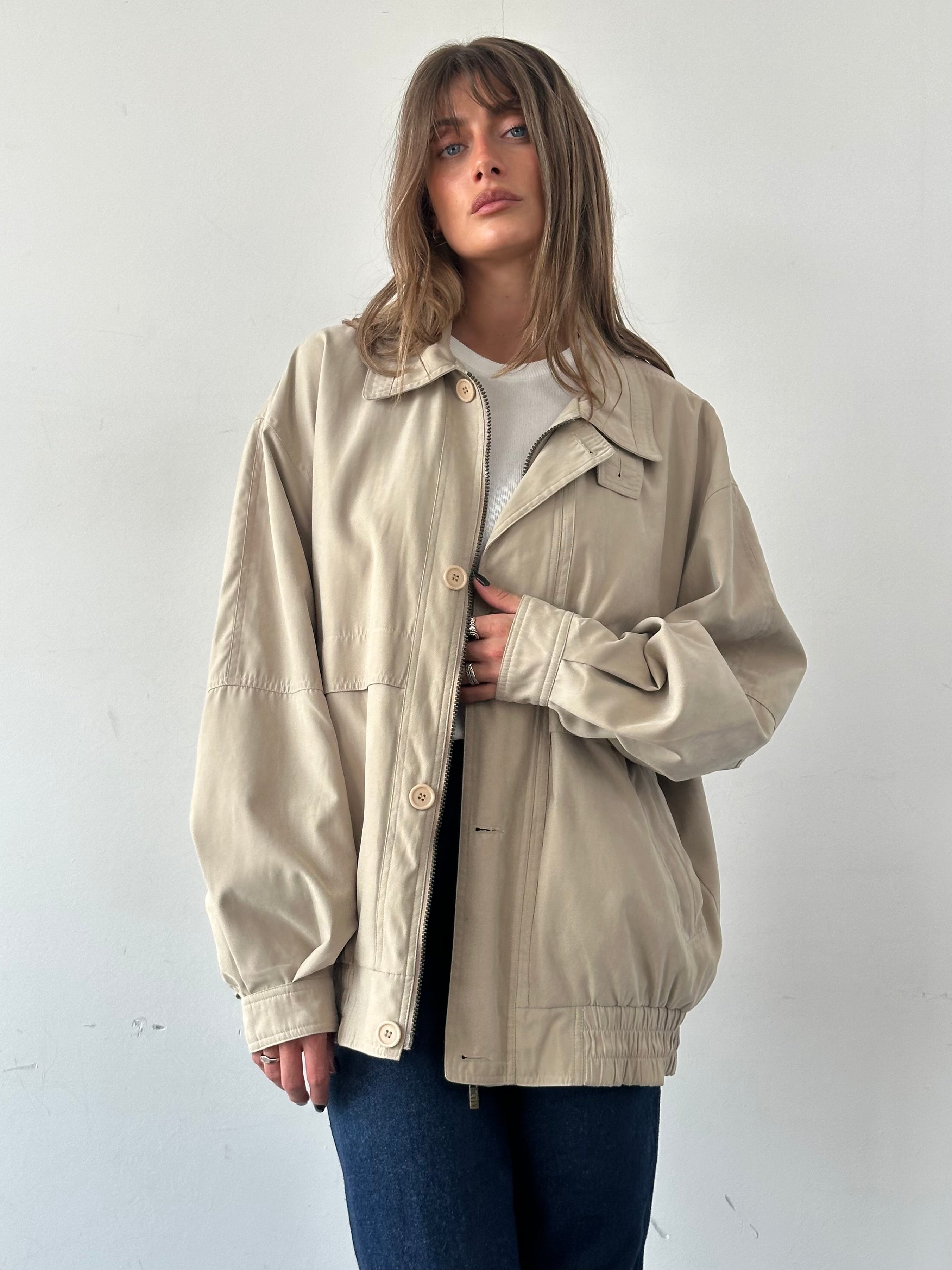 Vintage Micro Satin Bomber Jacket in XXL, featuring a sleek design with a shiny satin finish and ribbed cuffs and collar.