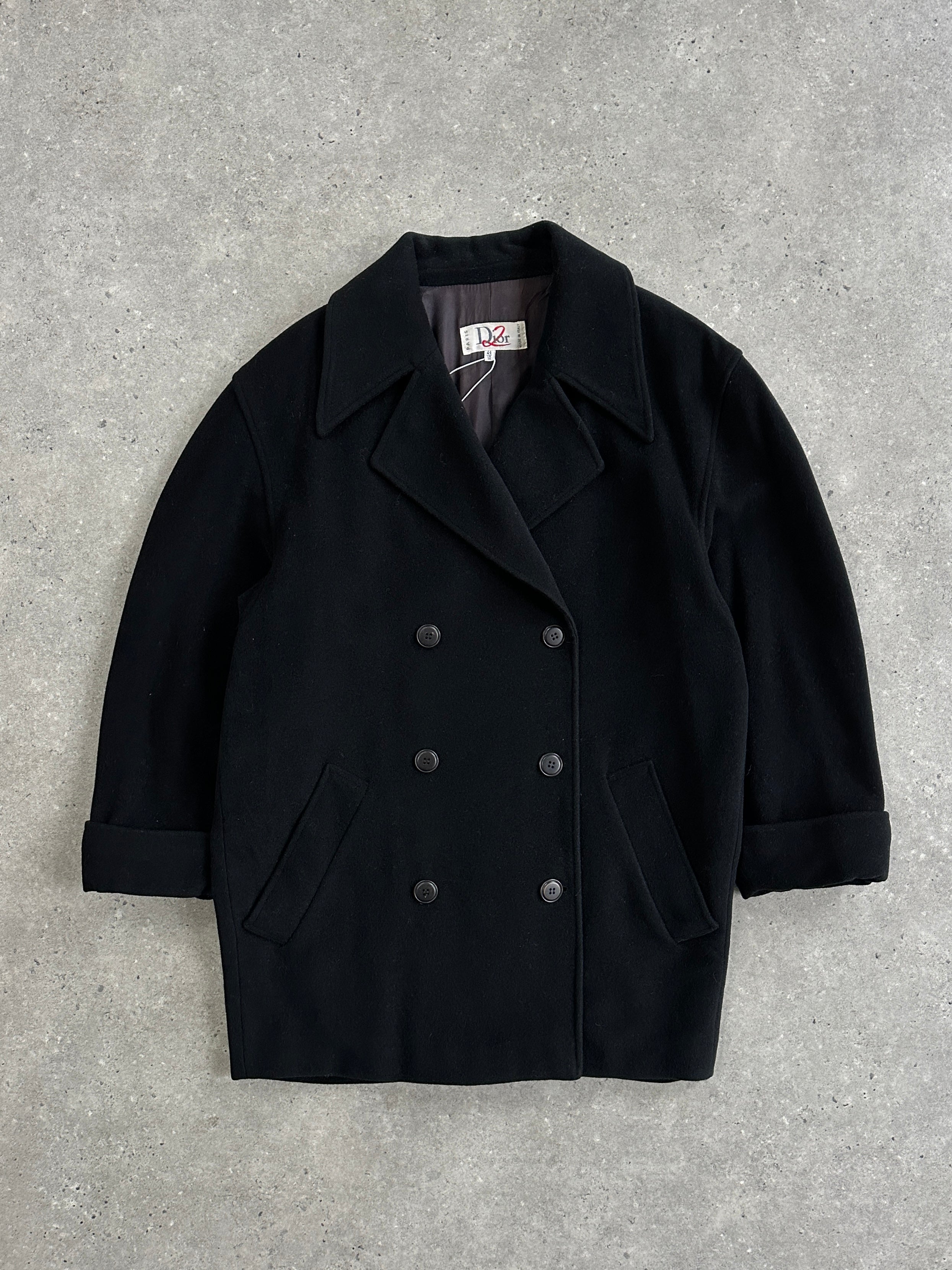 Christian Dior Dior2 1990s pure wool double-breasted coat, size M, shown hanging with classic tailored design and neutral color.