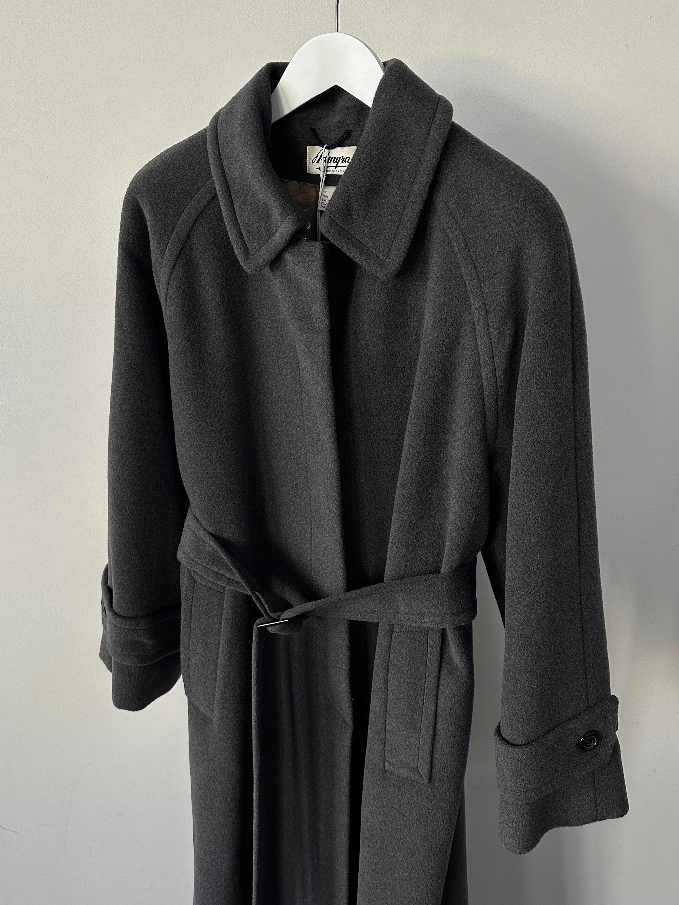 Vintage British vintage pure wool floor-length belted coat in size L, featuring classic design and warm, textured fabric.
