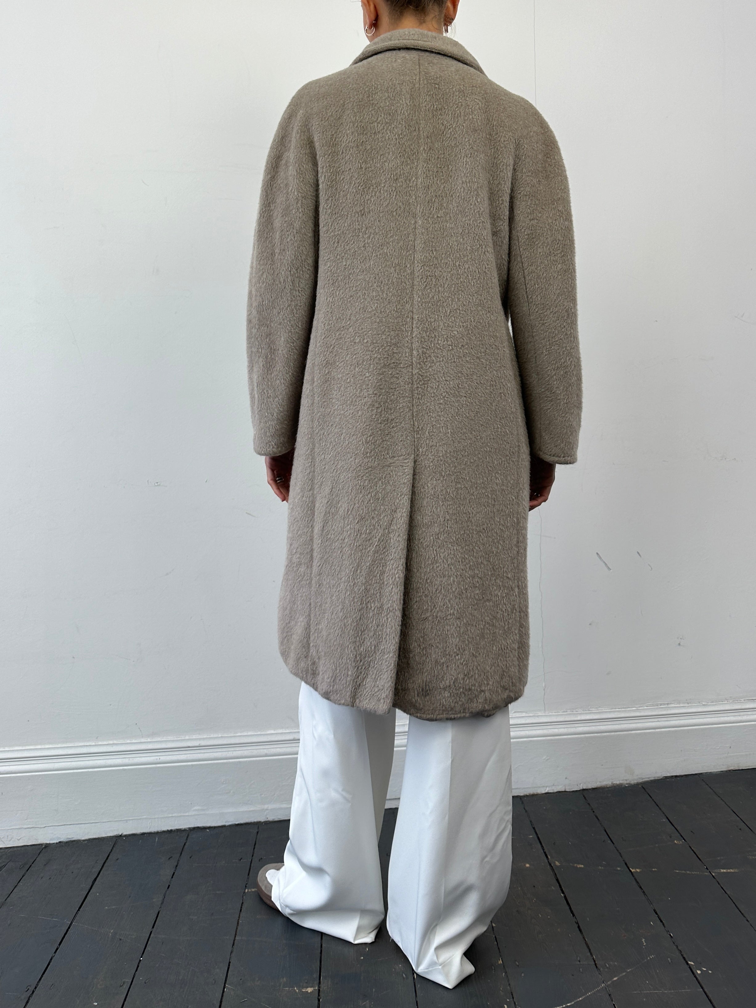 Max Mara alpaca wool belted wrap coat in neutral color, front view showing collar and belt detail, size S/M.