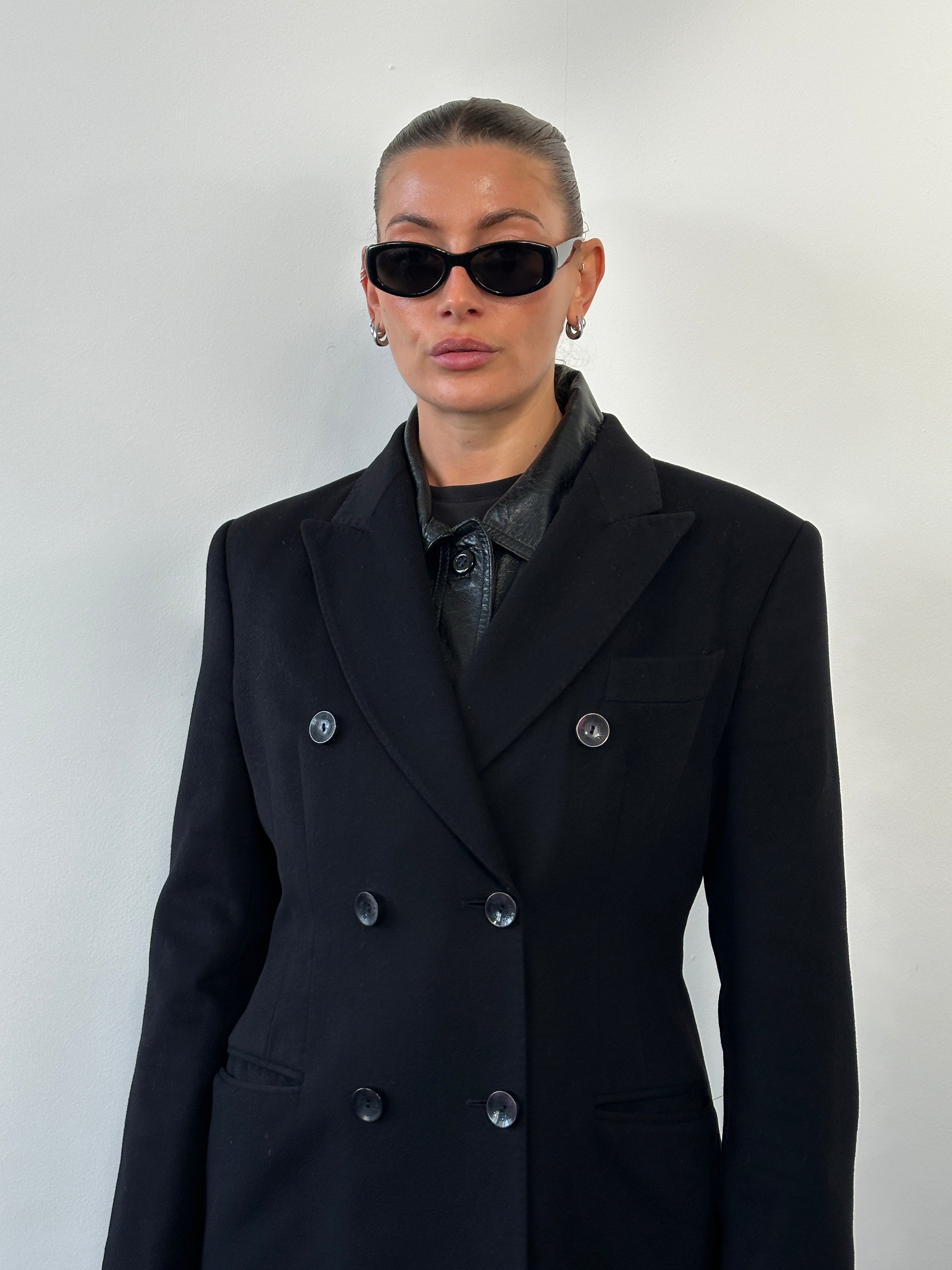 Gianfranco Ferre 1990s wool and cashmere double-breasted blazer in size M, tailored fit with classic lapels and button details.