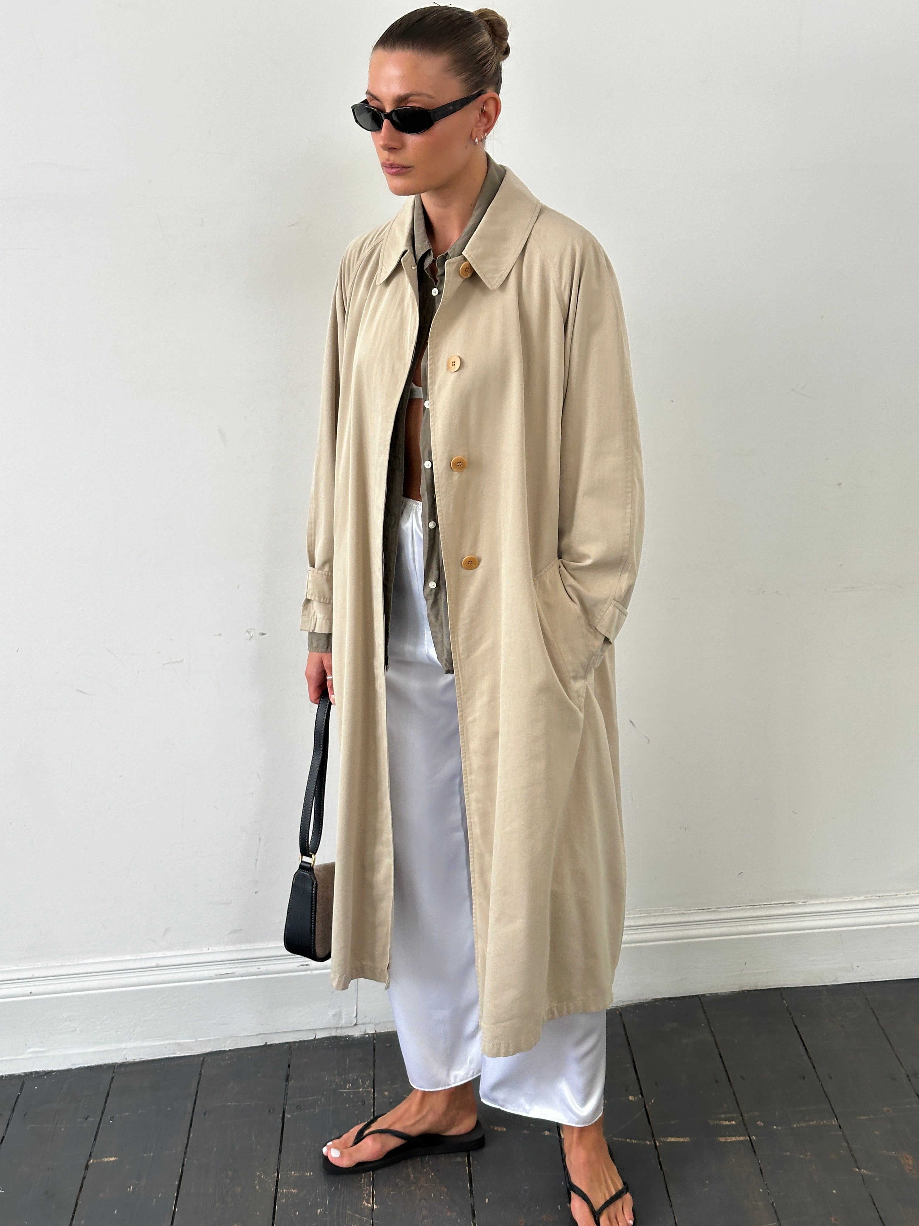Mani Cotton Cupro belted trench coat in beige, long coat with waist belt, L/XL size, stylish and lightweight outerwear
