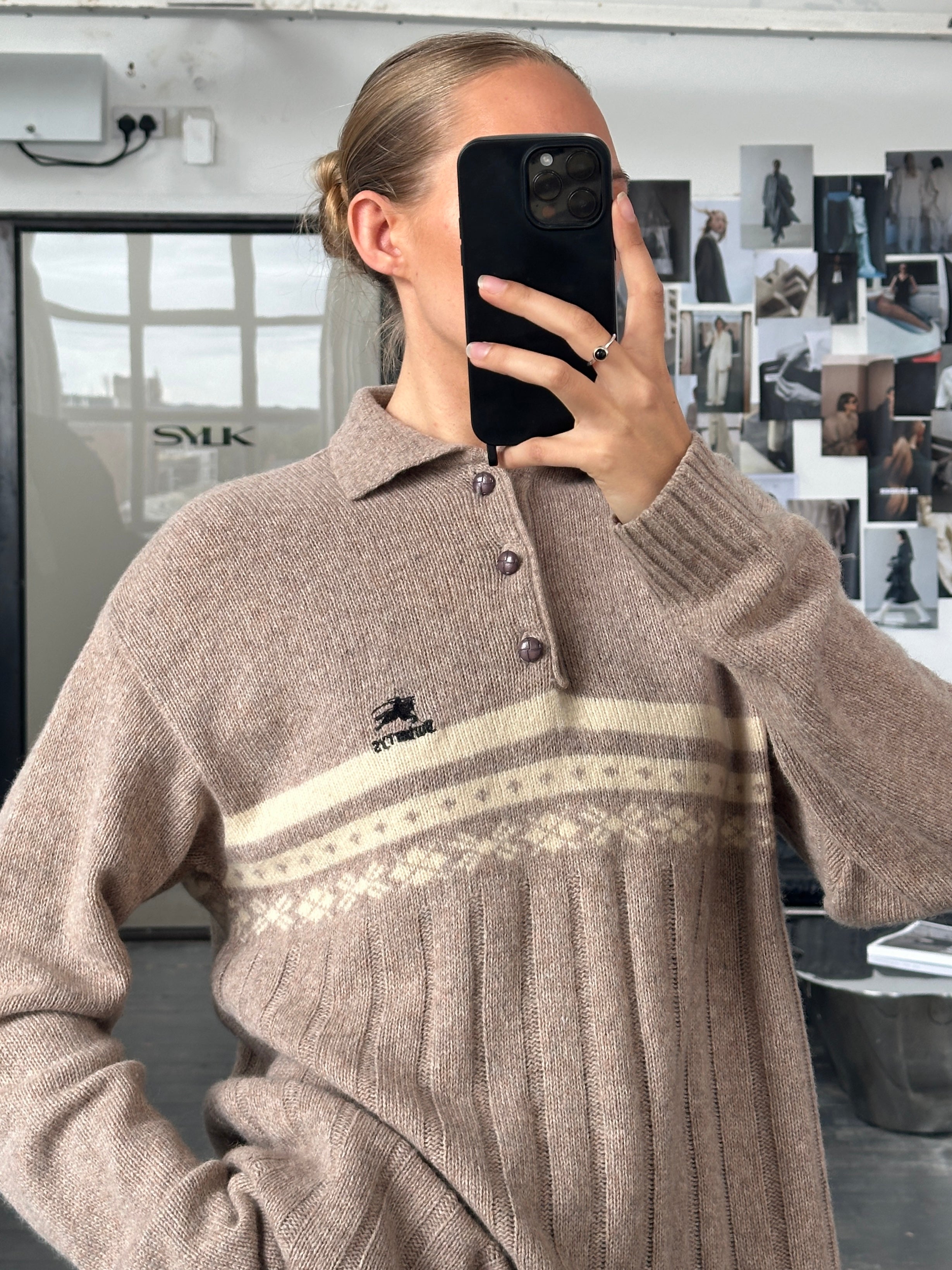 Burberry 1990s wool Fair Isle logo polo jumper in XL, featuring classic patterned design and the iconic Burberry logo.