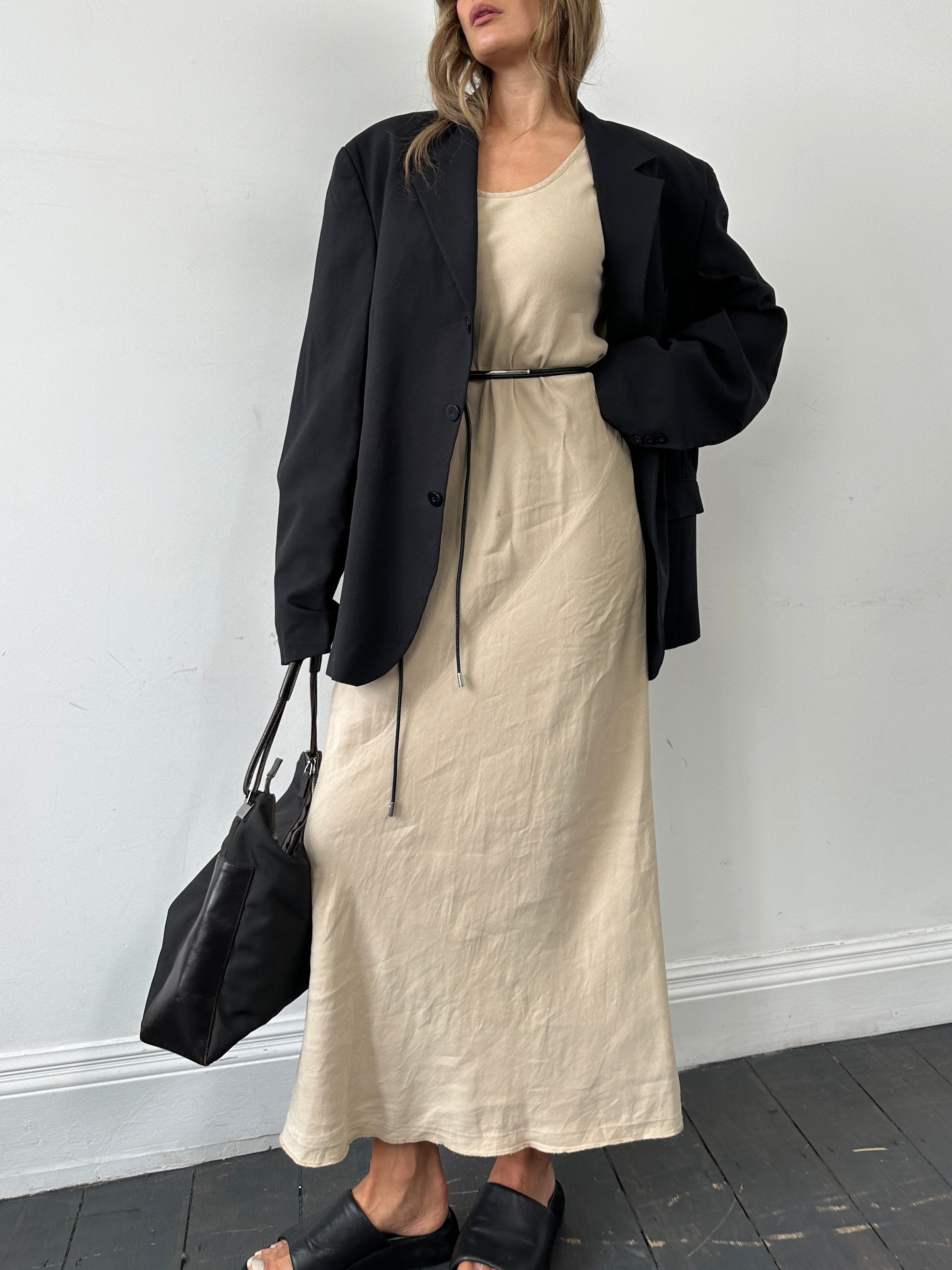 Jaeger silk linen floor-length dress in S/M, flowing design with elegant drape, perfect for formal or summer occasions.