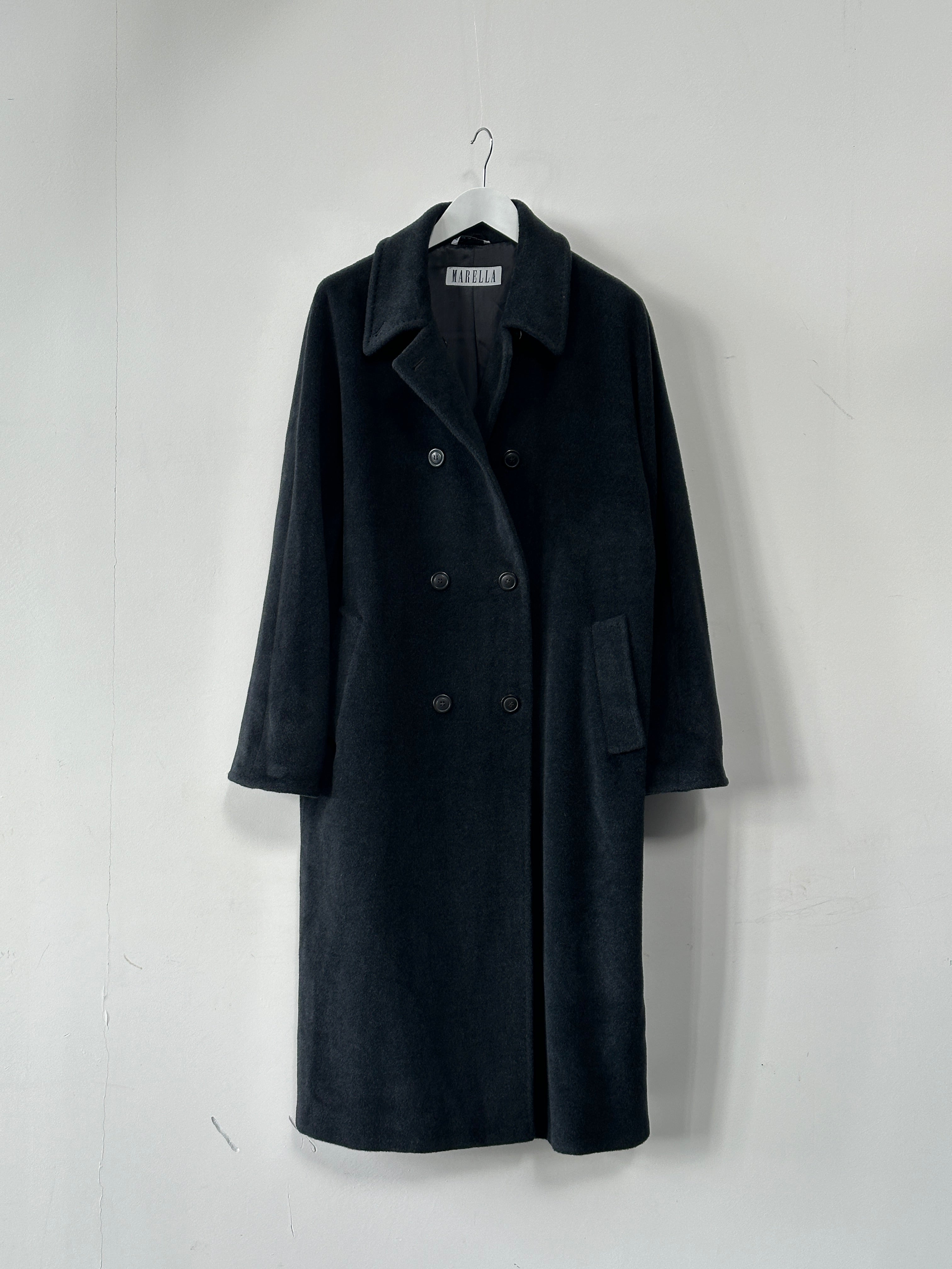 Marella wool cashmere double-breasted coat in XL, shown in dark color, featuring classic lapels and button details.