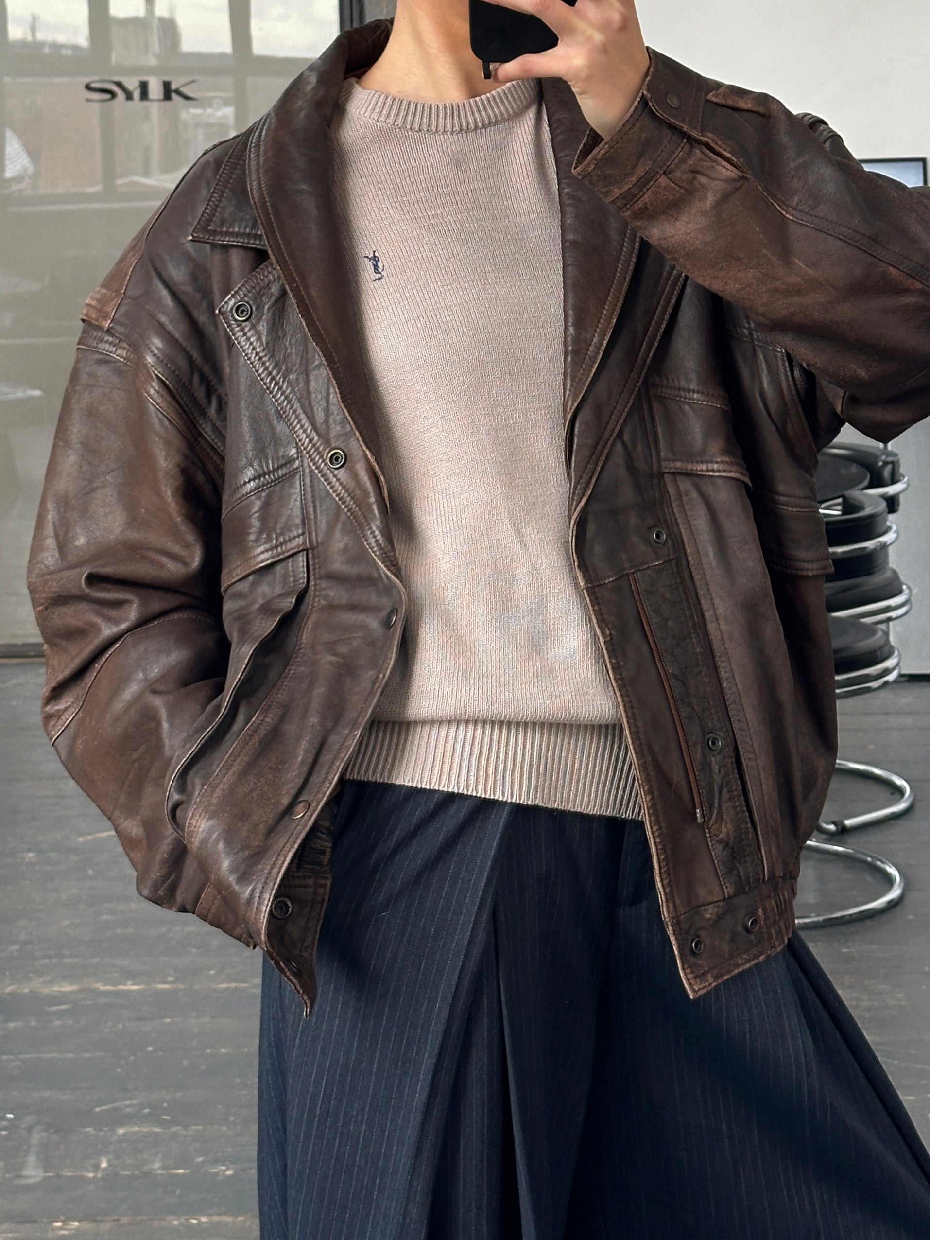 Vintage 1990s aged double collar leather bomber jacket, XL size, featuring worn brown leather and classic design details.