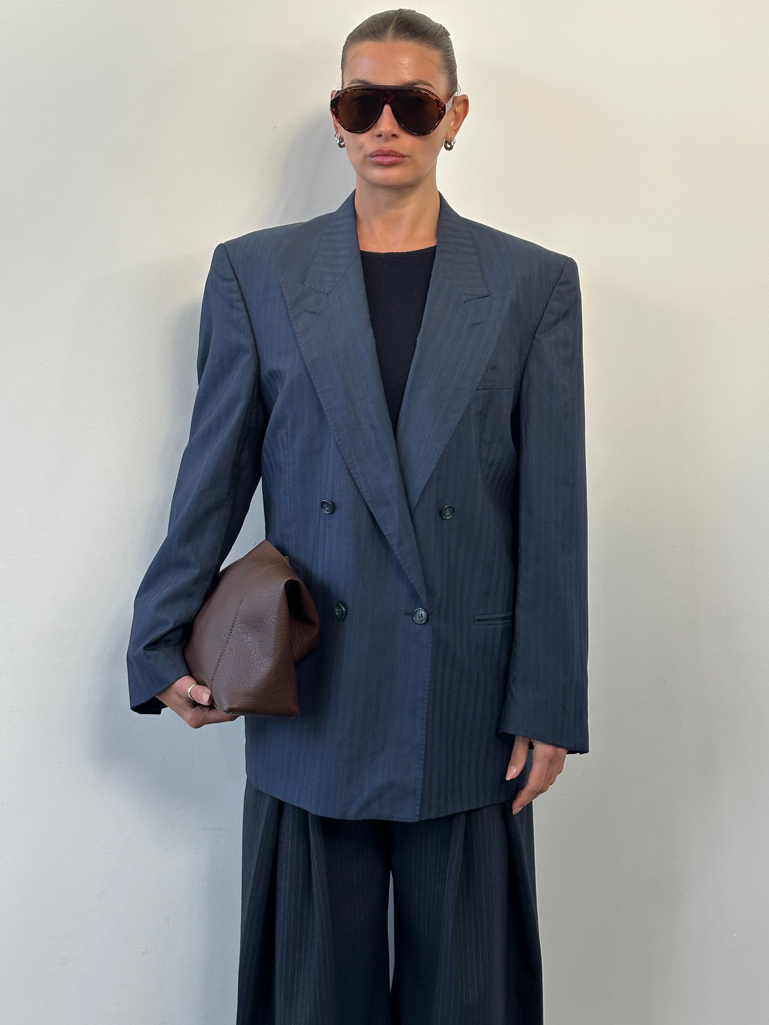 Yves Saint Laurent Pour Homme 1990s wool silk double-breasted blazer in size 42R/L, featuring classic tailoring and tailored fit.