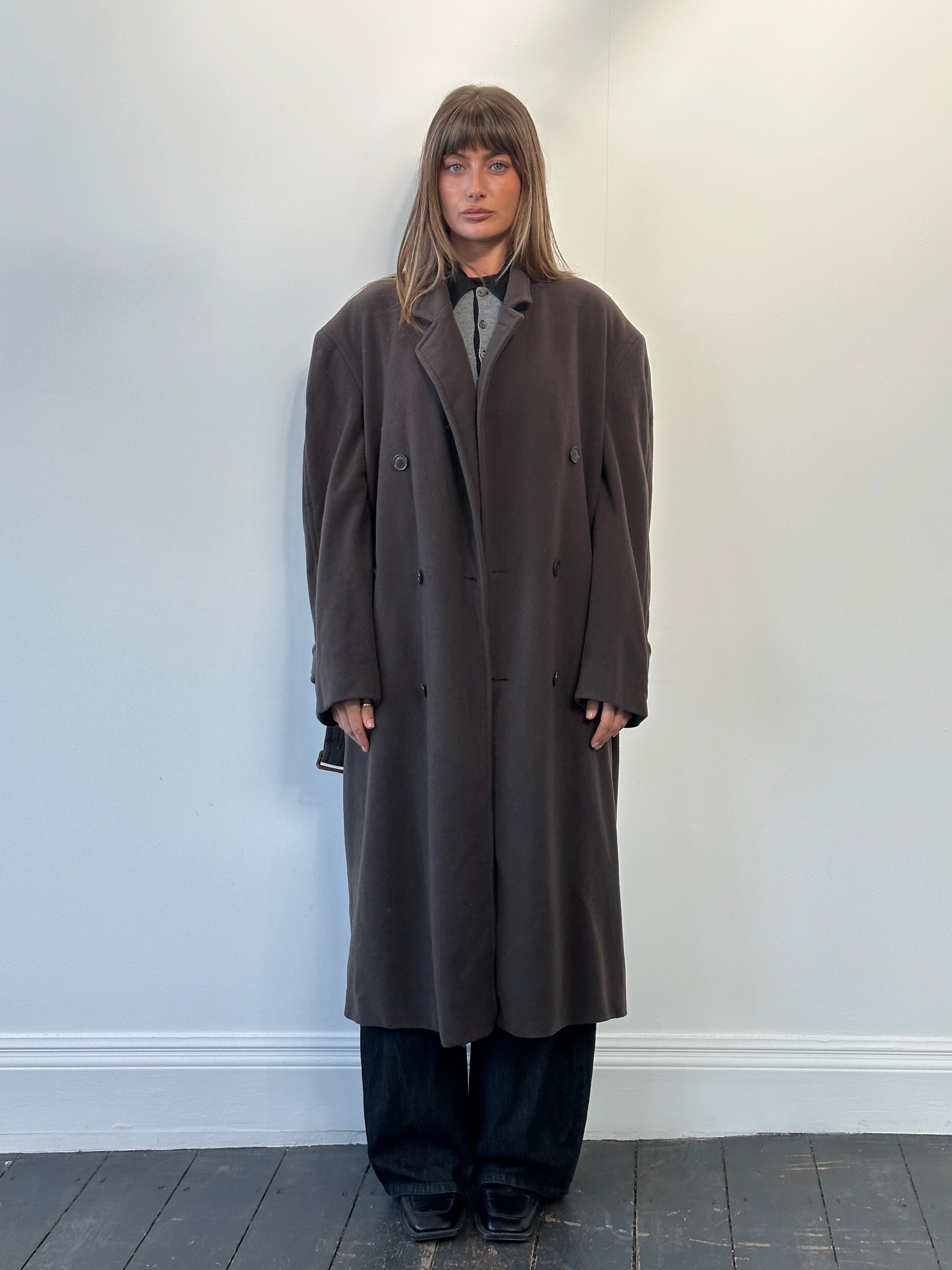 St Michael 1990s wool belted coat in XXL, classic vintage coat with a tailored fit and neutral color, displayed on a hanger.