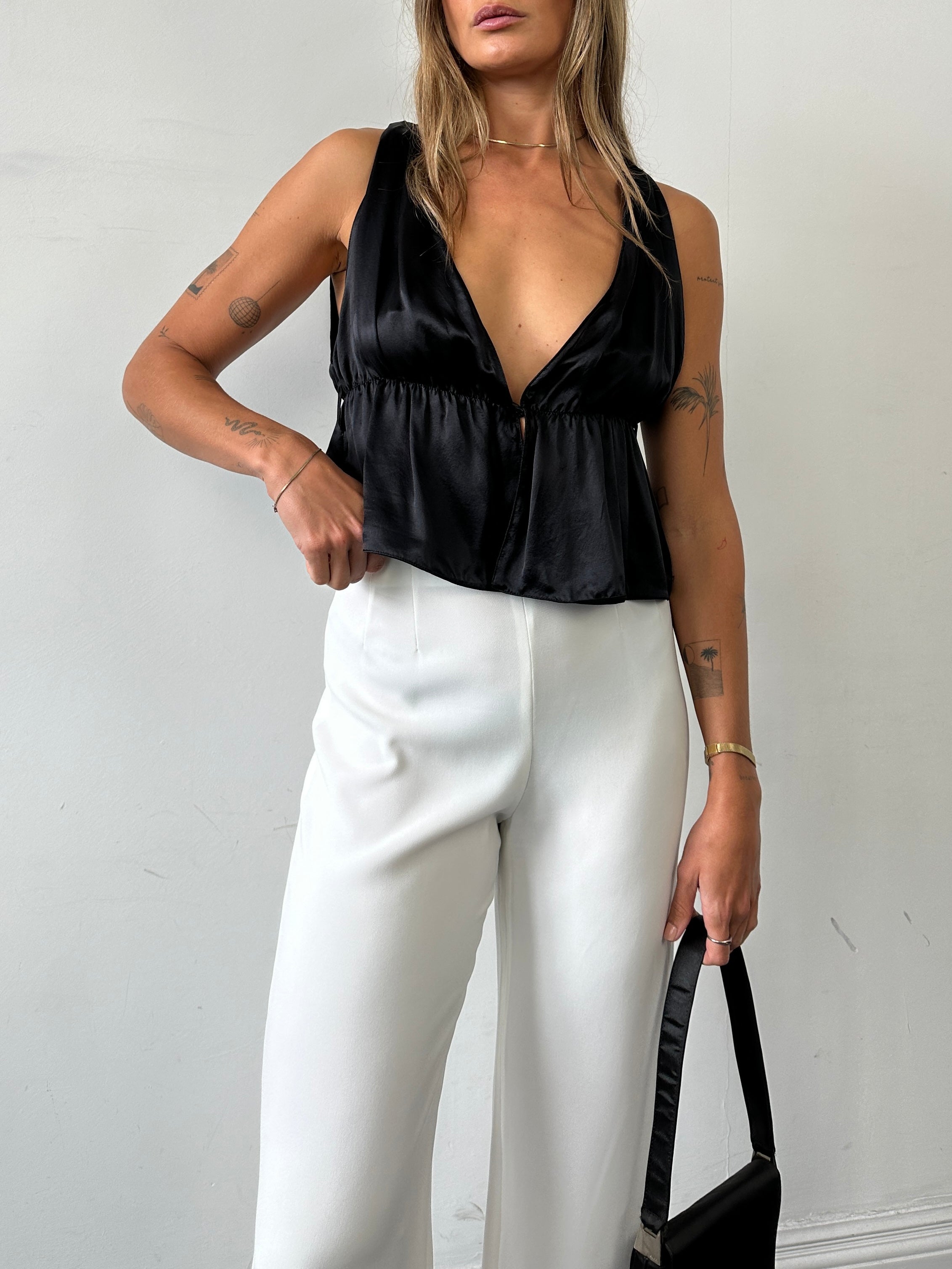 Emporio Armani pure silk ruched tank top in S/M, featuring a sleek, fitted design with a smooth silk finish.