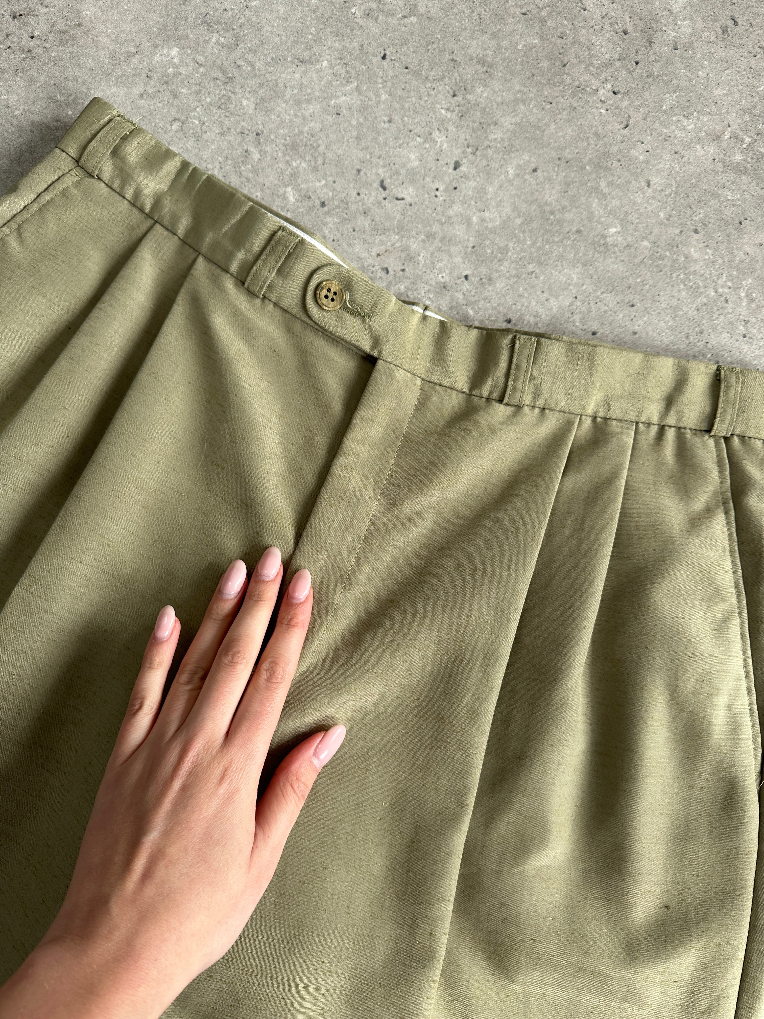 Vintage linen blend satin high-waisted straight-leg trousers with pleats and tailored fit, shown in a neutral color.