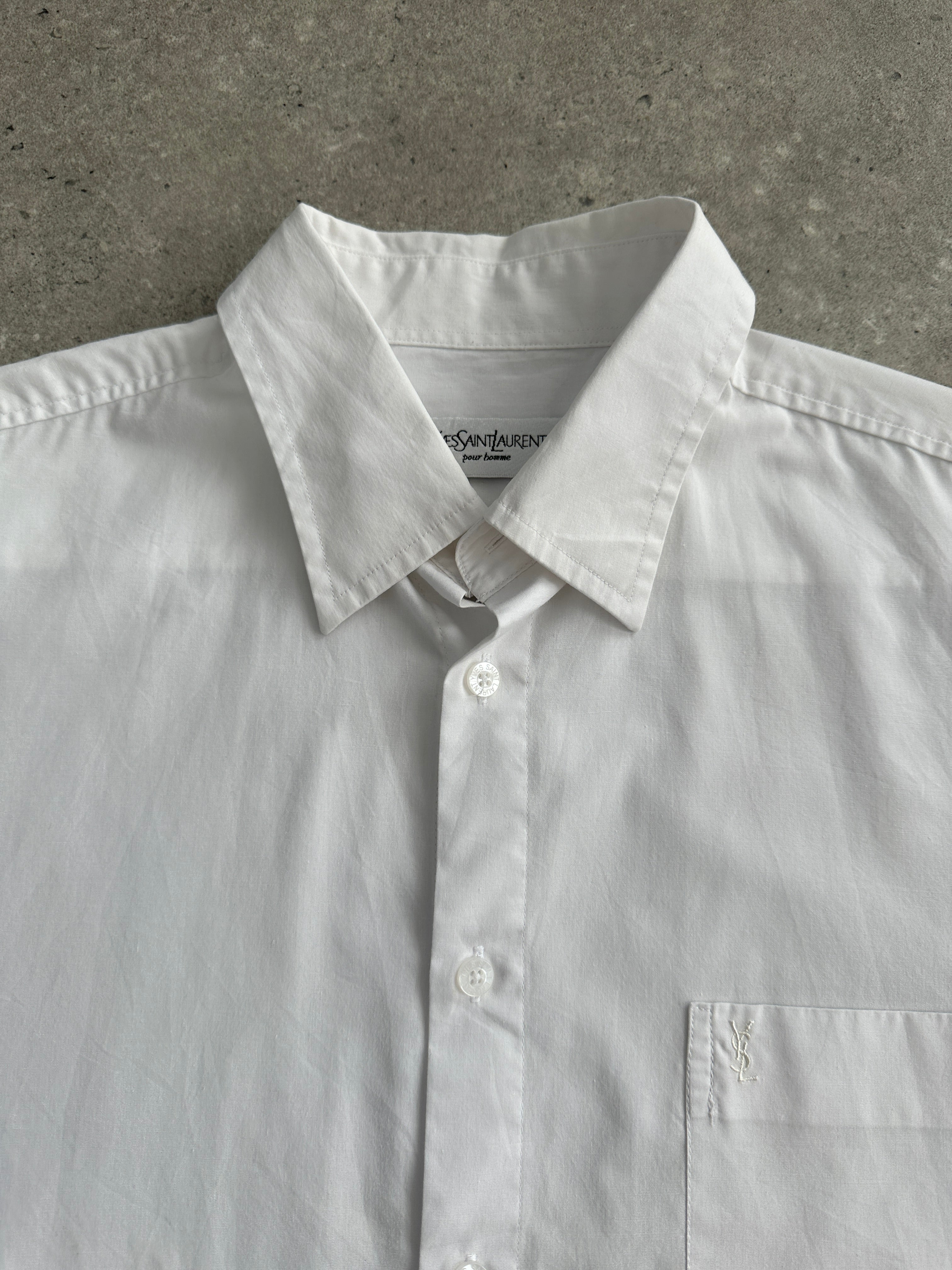 Yves Saint Laurent Pour Homme 2000s cotton short sleeve logo shirt, size large, with classic YSL branding and a clean, tailored fit.
