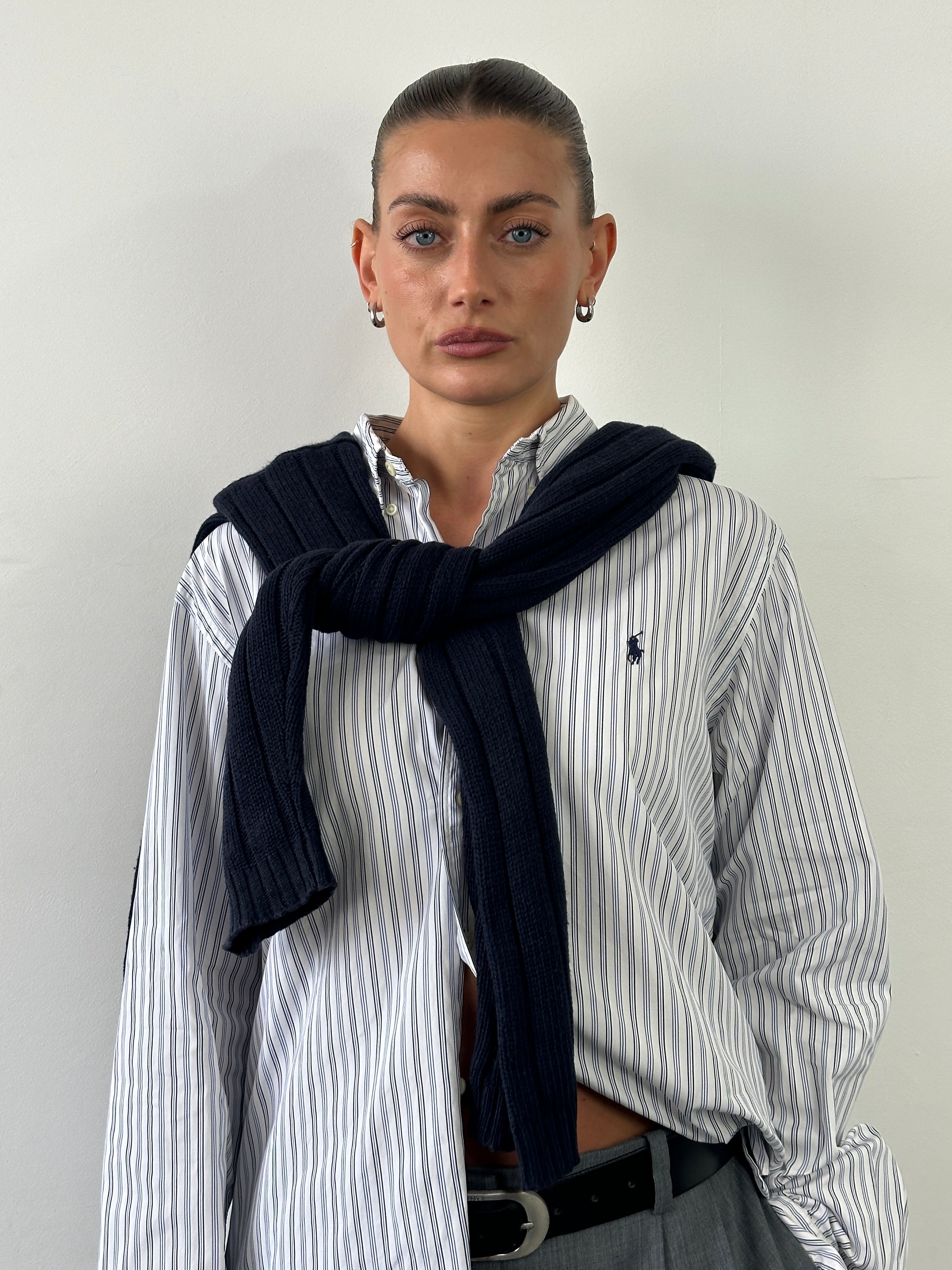 Ralph Lauren stripe pure cotton shirt in size large, featuring a classic button-up style with multicolor vertical stripes.